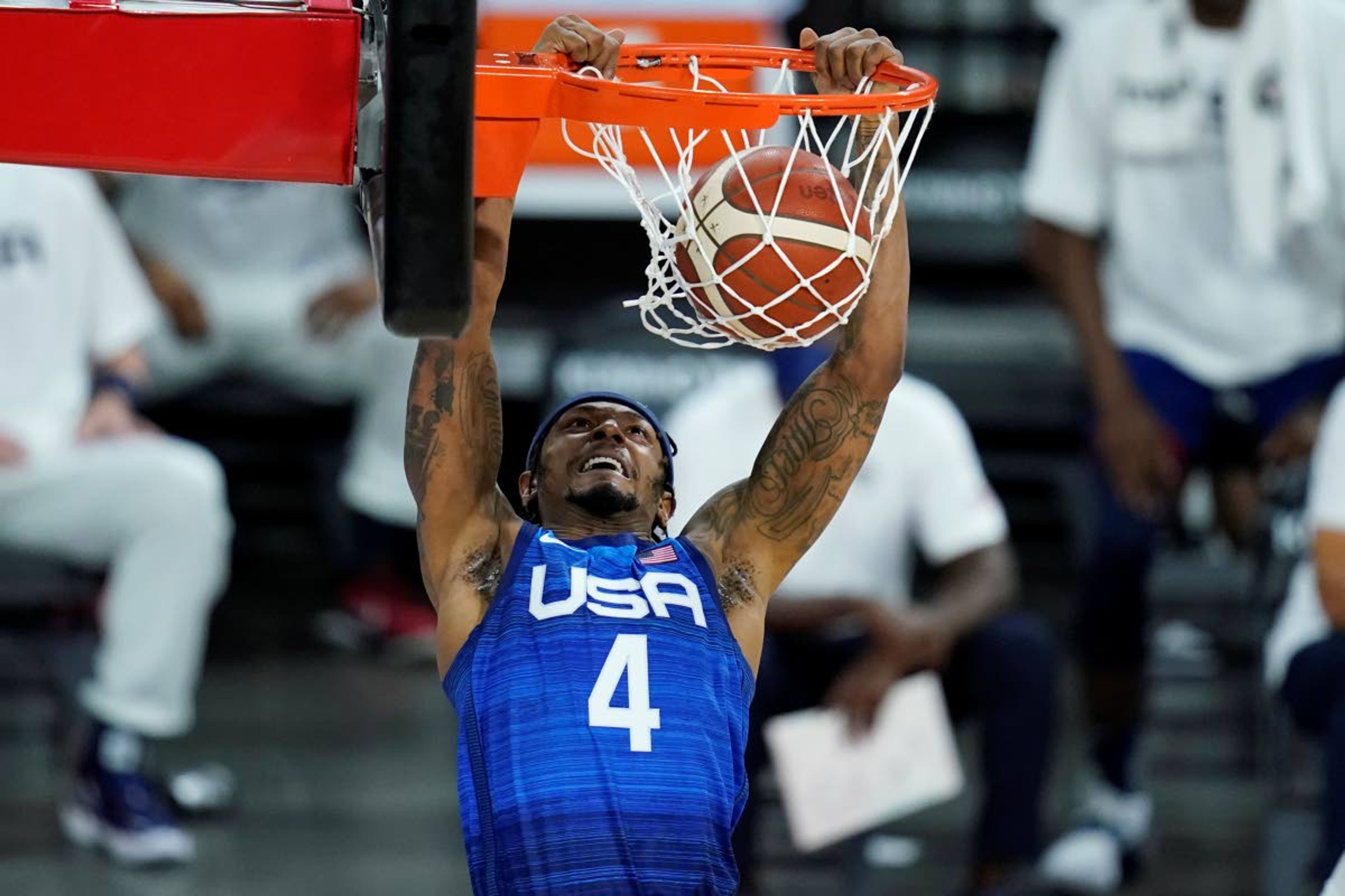 United States' Bradley Beal dunks against Australia during an exhibition basketball game Monday, July 12, 2021, in Las Vegas. (AP Photo/John Locher)