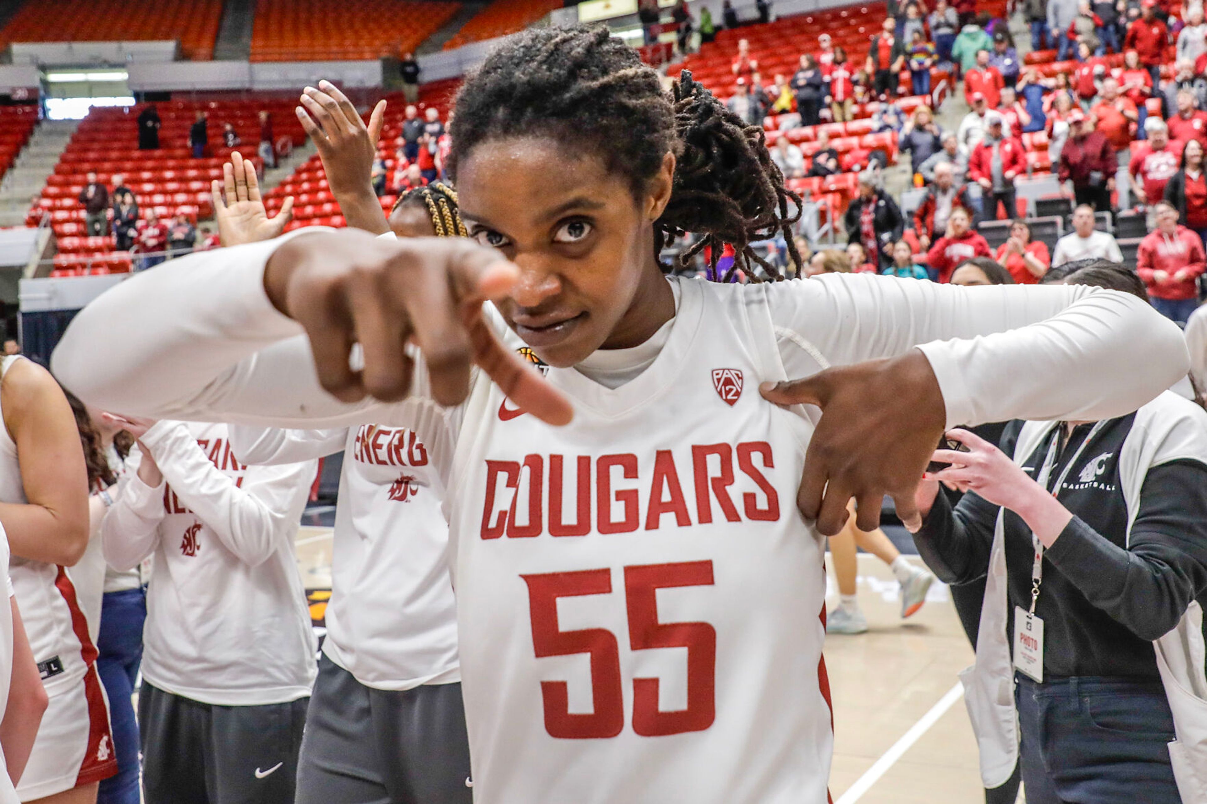 Washington State center Bella Murekatete celebrates a victory over Santa Clara in a second round game of the Women’s Basketball Invitation Tournament on March 24 at Beasley Coliseum in Pullman.