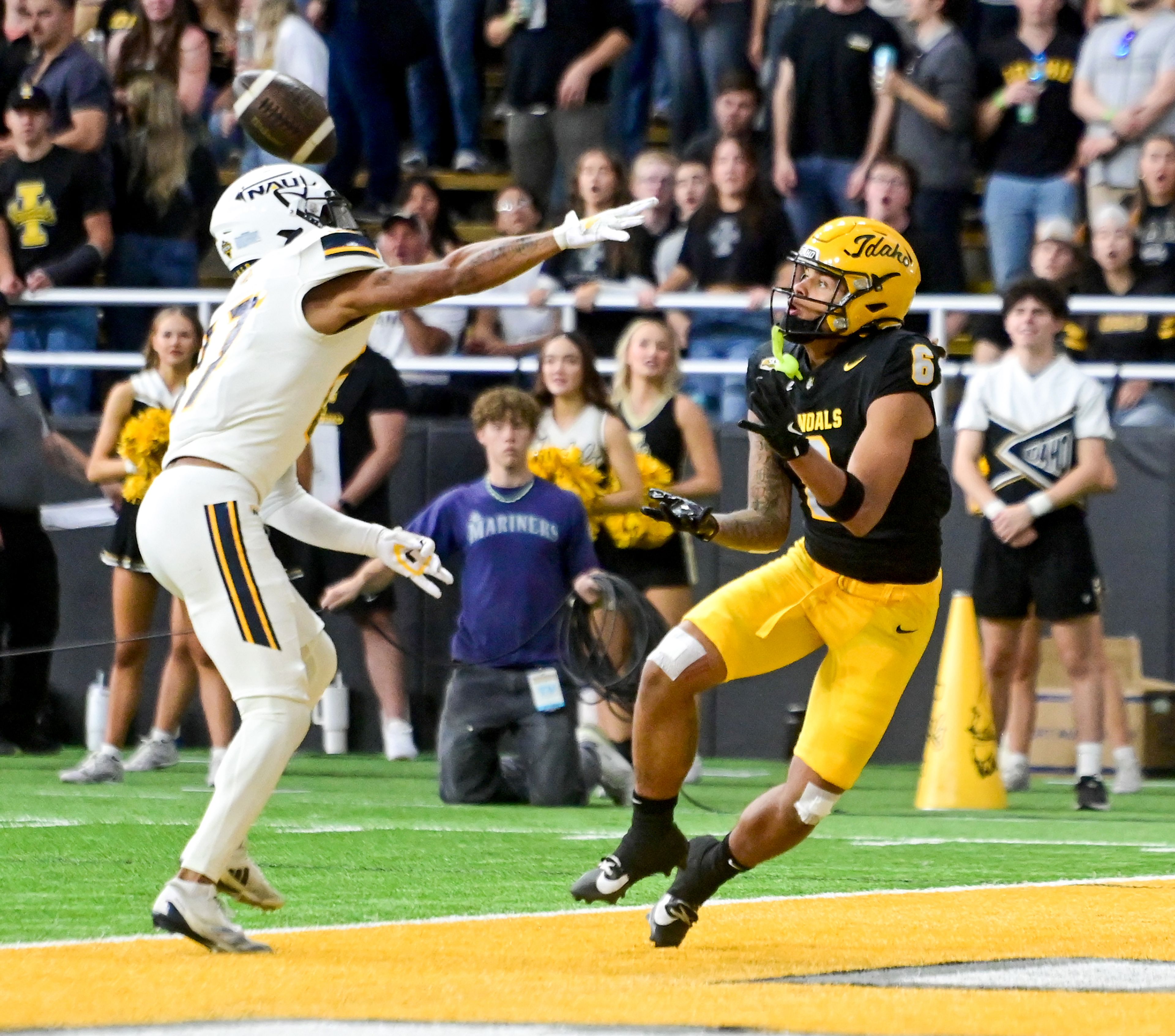 Idaho wide receiver Jordan Dwyer prepares to catch a touchdown pass during a game against Northern Arizona Saturday at the P1FCU Kibbie Dome in Moscow.,