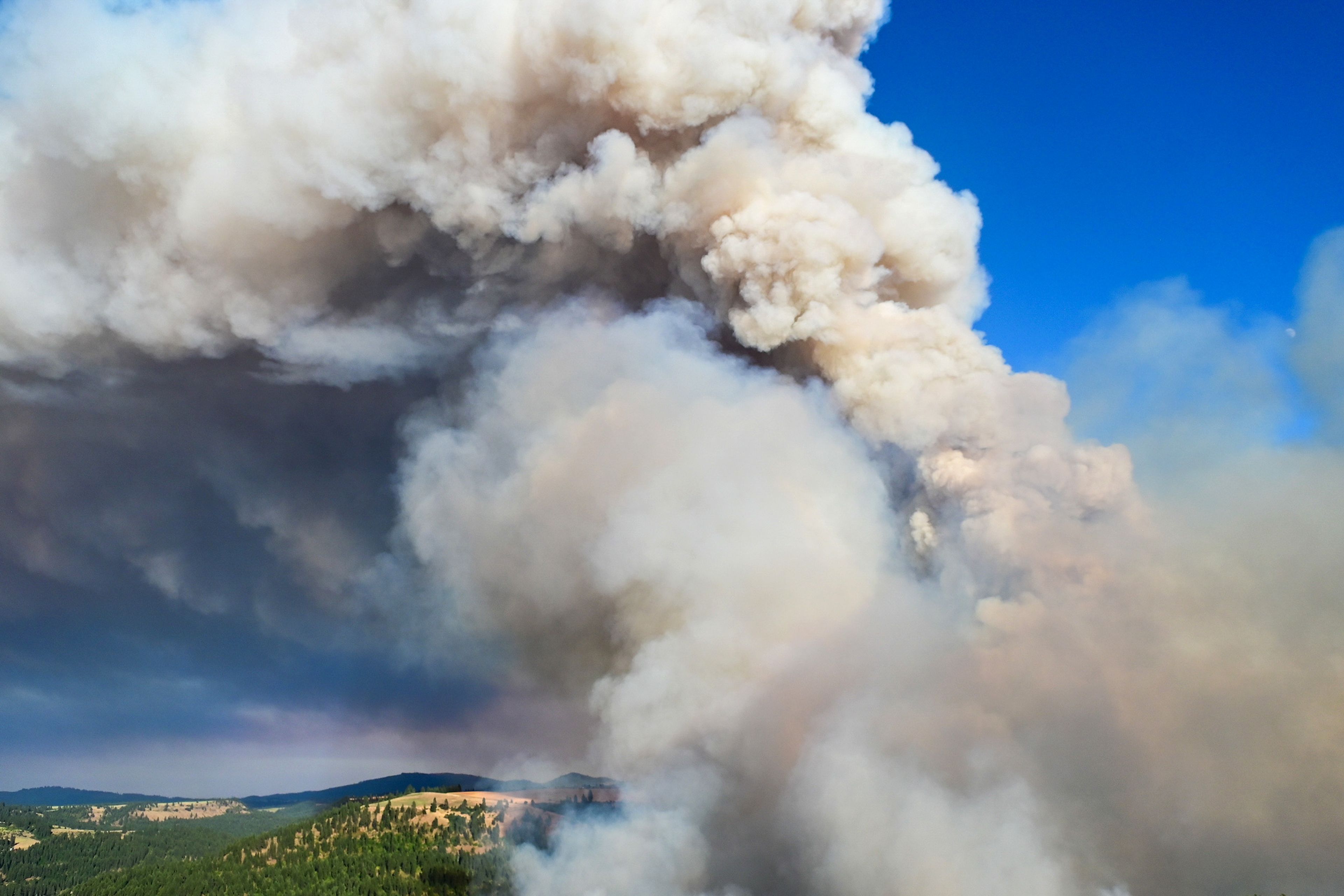 Smoke rises from a canyon in the area of Texas Ridge and Cedar Ridge roads as a wildfire burns near Kendrick on Monday.