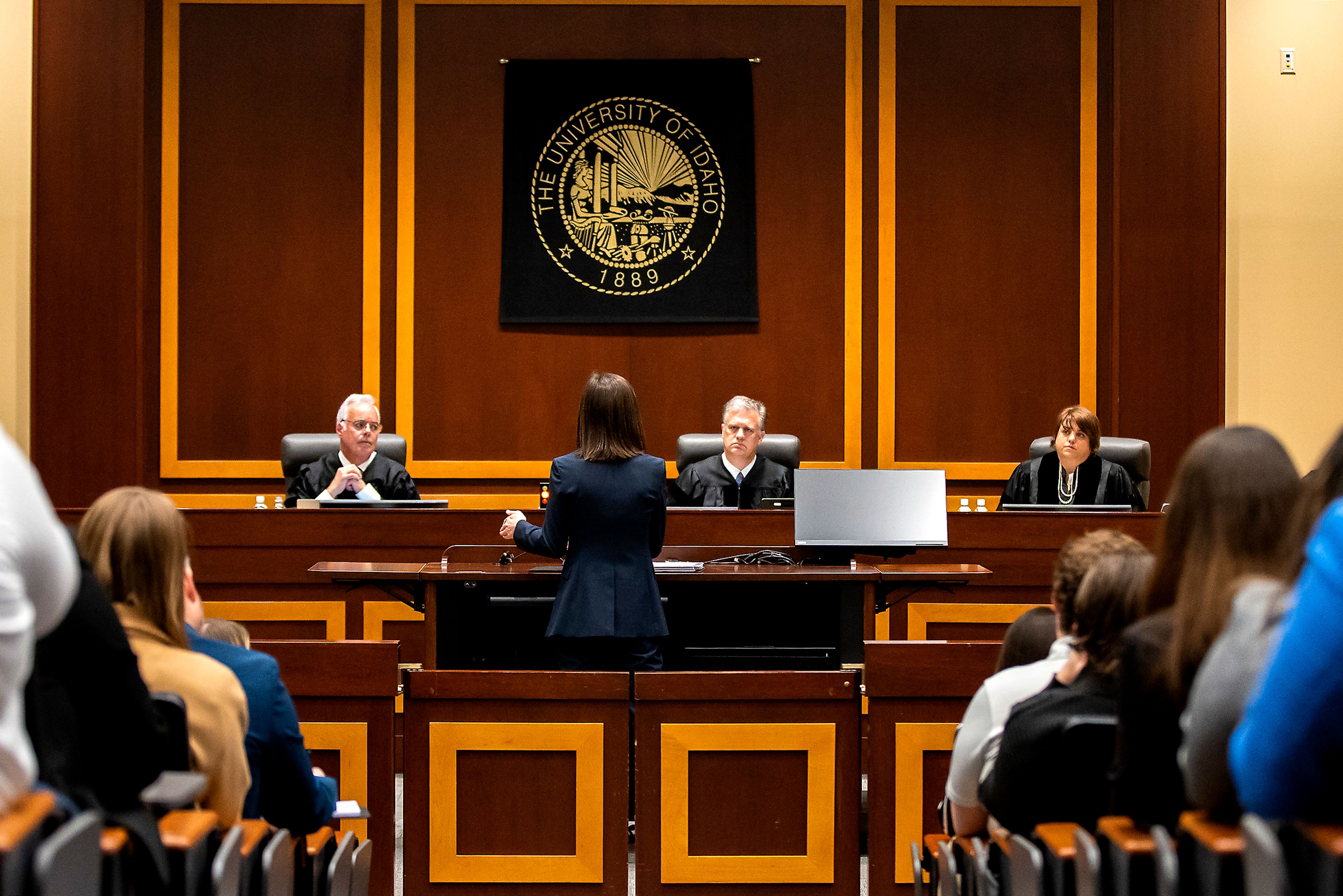 Judges Richard Tallman, from left, Ryan Nelson and Danielle Forrest listen to Rebecca Jensen speak Wednesday before the 9th U.S. Circuit Court of Appeals in Moscow.