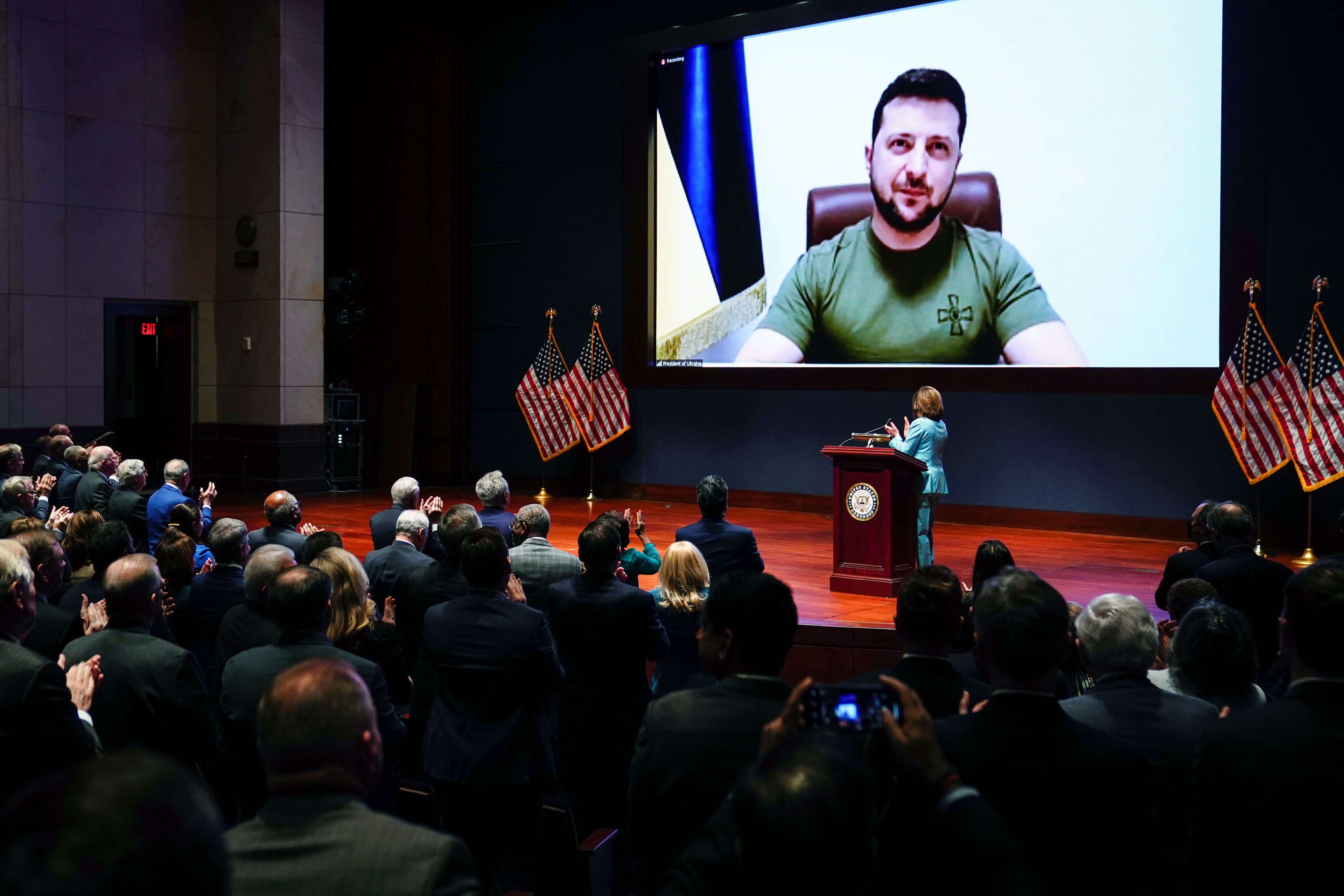 Ukrainian President Volodymyr Zelenskyy delivers a virtual address to Congress by video at the Capitol in Washington, Wednesday, March 16, 2022. (Sarah Silbiger, Pool via AP)