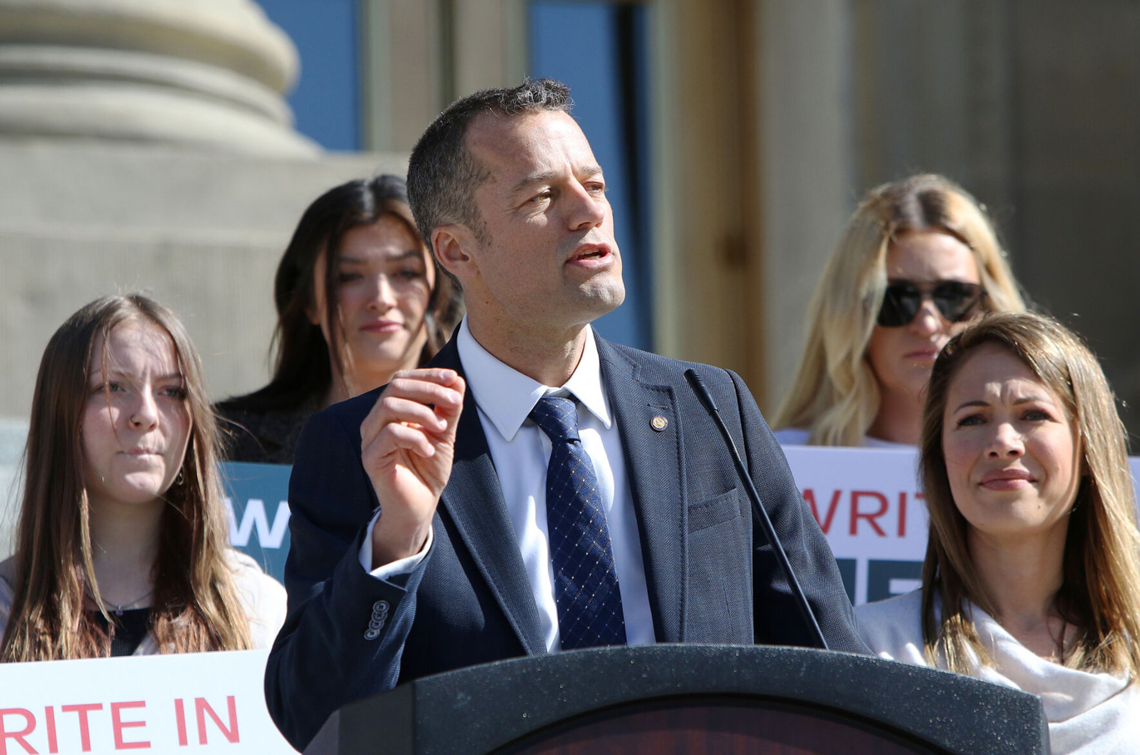 Sandpoint Mayor Shelby Rognstad speaks during a news conference Thursday on the steps of the Idaho Capitol.