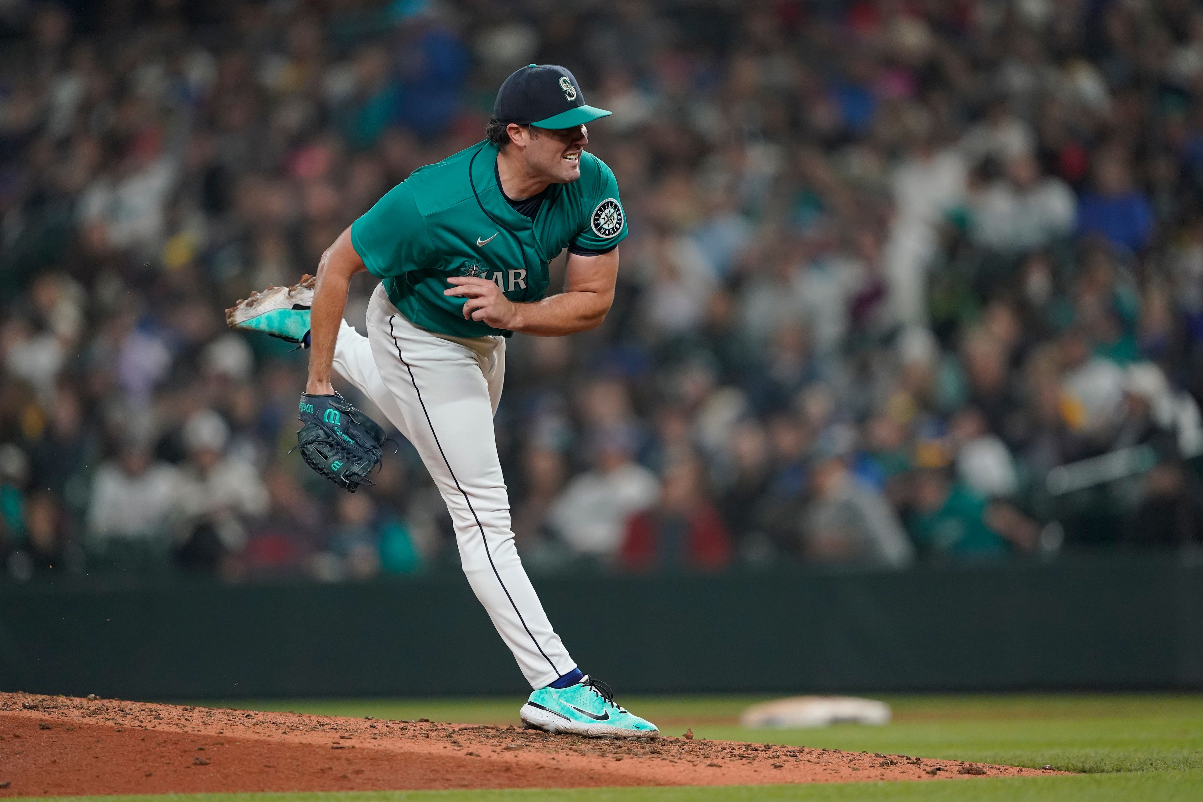 Seattle Mariners starting pitcher Robbie Ray follows through after giving up a single to Los Angeles Angels' Max Stassi that broke up his no-hitter during the seventh inning of a baseball game, Friday, June 17, 2022, in Seattle. (AP Photo/Ted S. Warren)