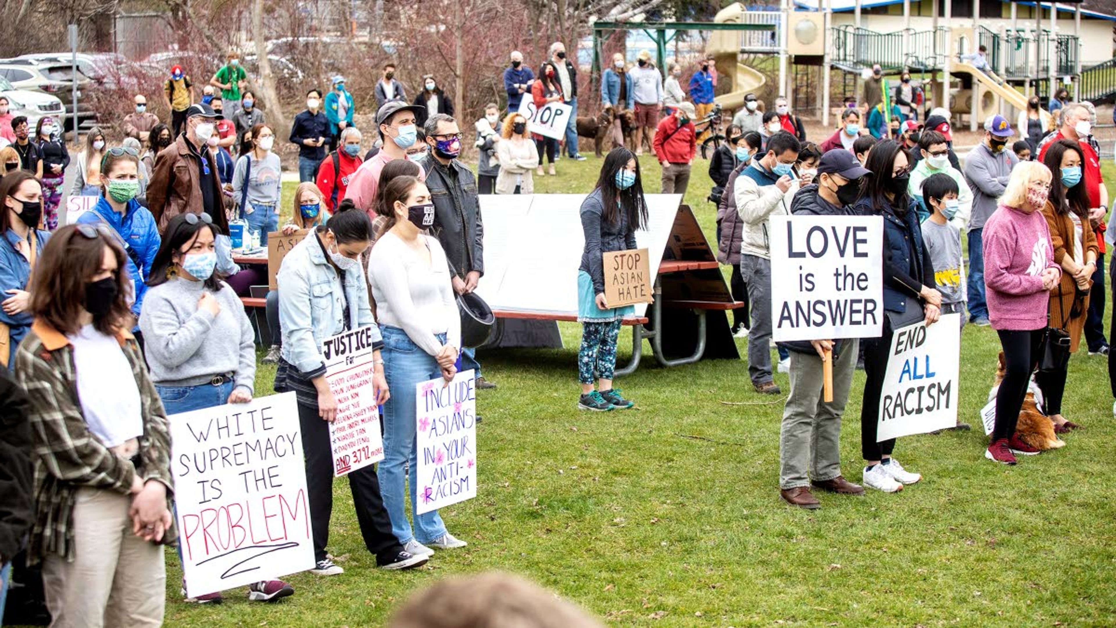 Over 300 people listen to speakers at the "Stop AAPI Hate on the Palouse" rally in Pullman on Saturday.