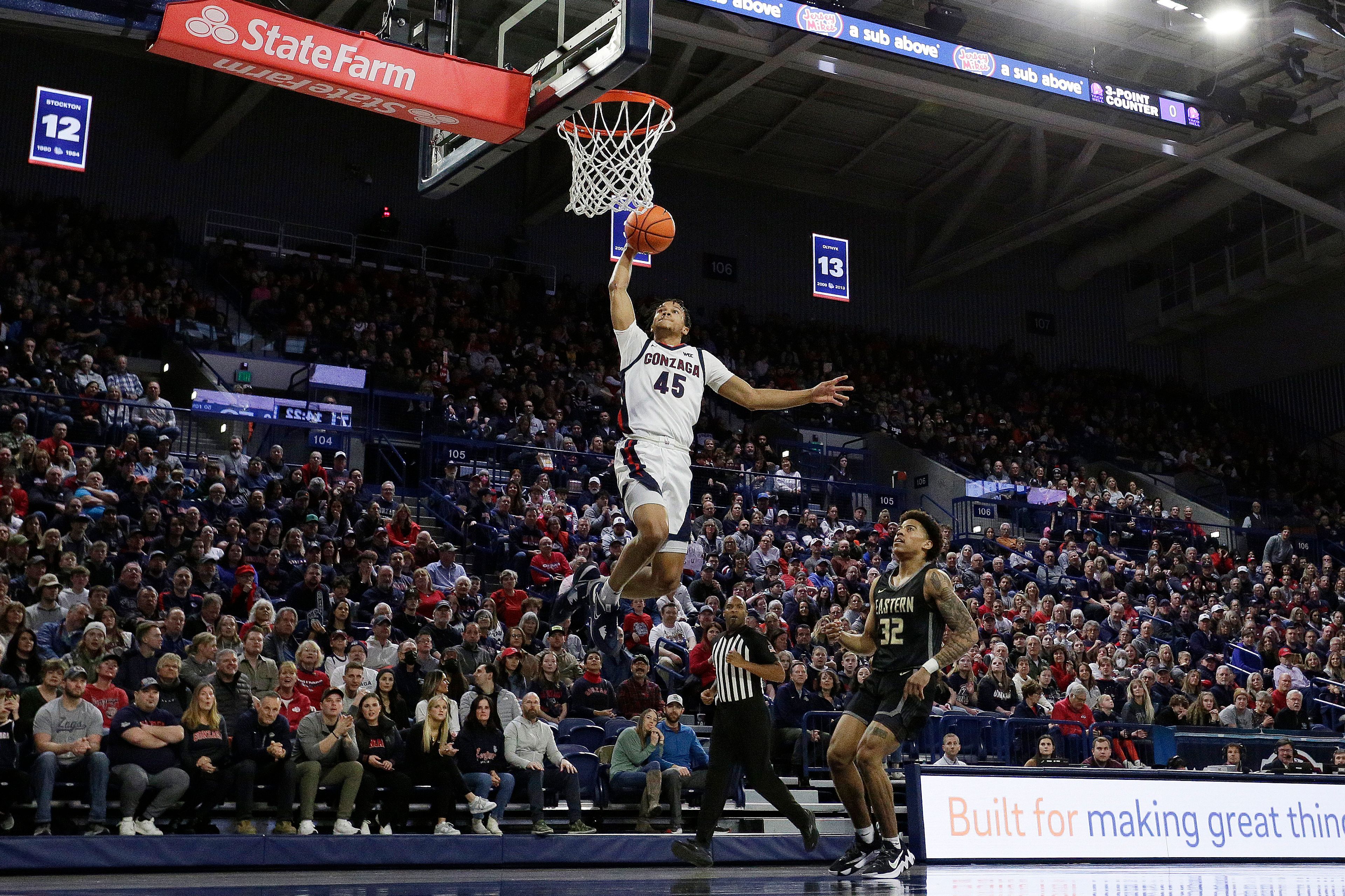 Gonzaga guard Rasir Bolton goes up for a dunk during the first half of a college basketball game against Eastern Oregon, Wednesday, Dec. 28, 2022, in Spokane, Wash. (AP Photo/Young Kwak)