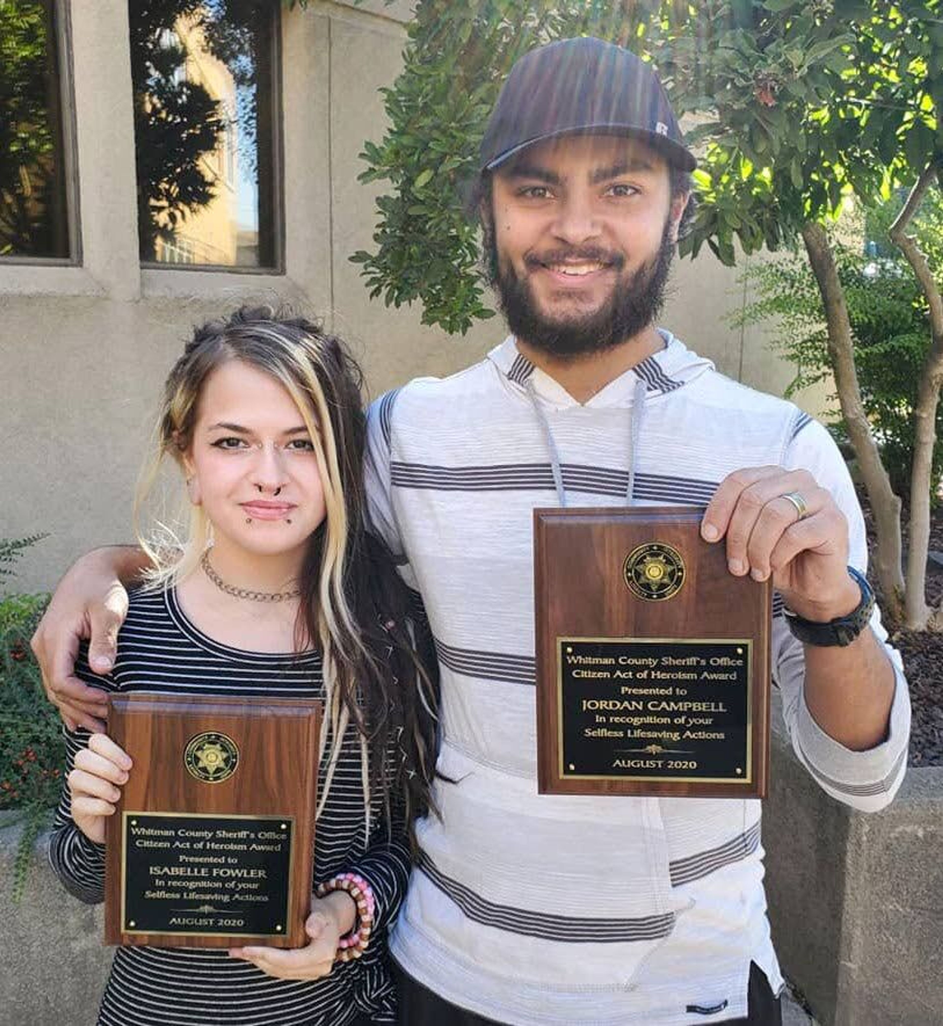 The Whitman County Sheriff’s Office presented the Citizen Act Of Bravery Award to Isabelle Fowler and Jordan Campbell of Pullman for their courage and bravery last month during a serious domestic violence situation.