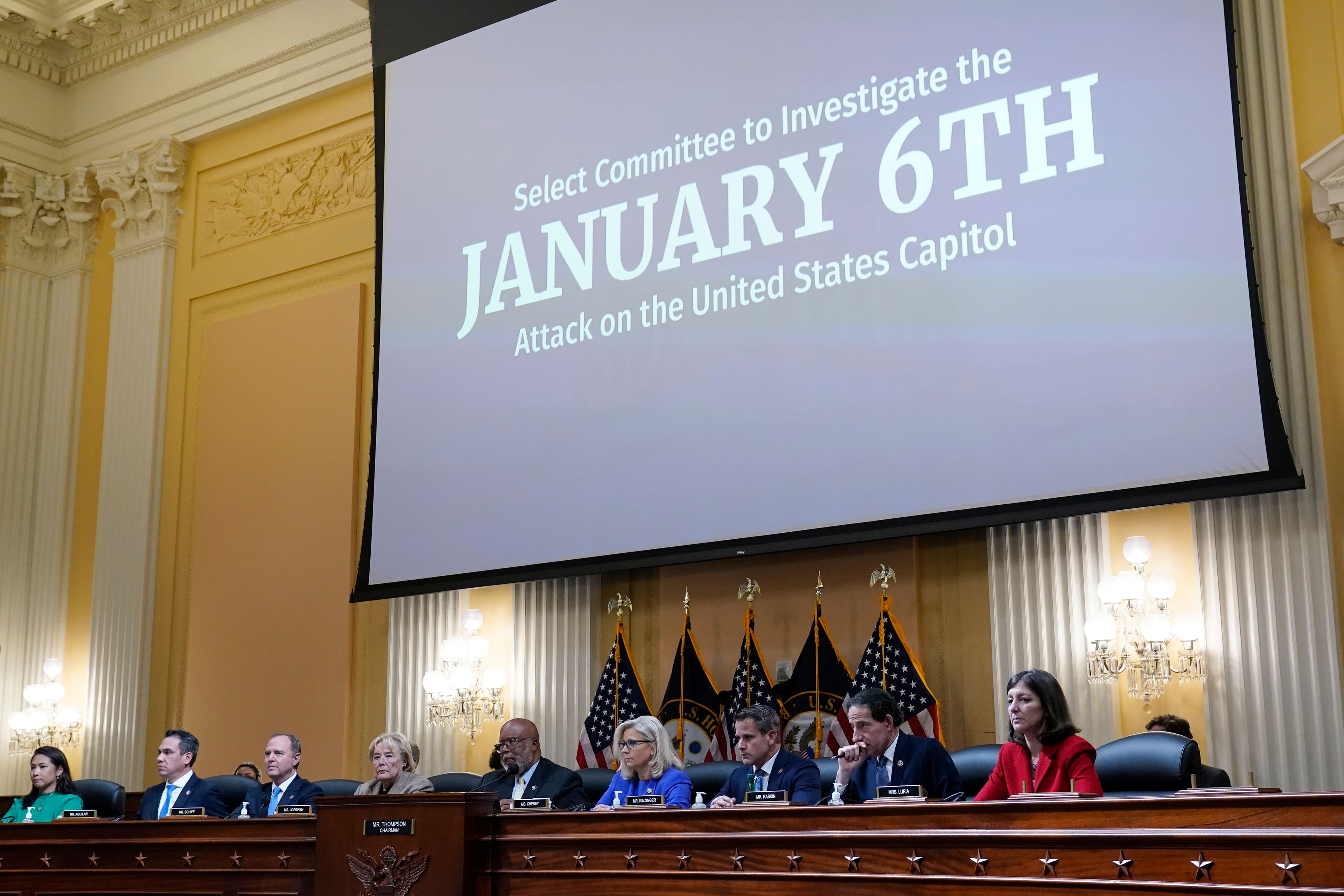 J. Scott Applewhite/Associated Press From left to right, Rep. Stephanie Murphy, D-Fla., Rep. Pete Aguilar, D-Calif., Rep. Adam Schiff, D-Calif., Rep. Zoe Lofgren, D-Calif., Chairman Bennie Thompson, D-Miss., Vice Chair Liz Cheney, R-Wyo., Rep. Adam Kinzinger, R-Ill., Rep. Jamie Raskin, D-Md., and Rep. Elaine Luria, D-Va., are seated as the House select committee investigating the Jan. 6 attack on the U.S. Capitol holds its first public hearing to reveal the findings of a yearlong investigation Thursday at the Capitol in Washington, D.C.