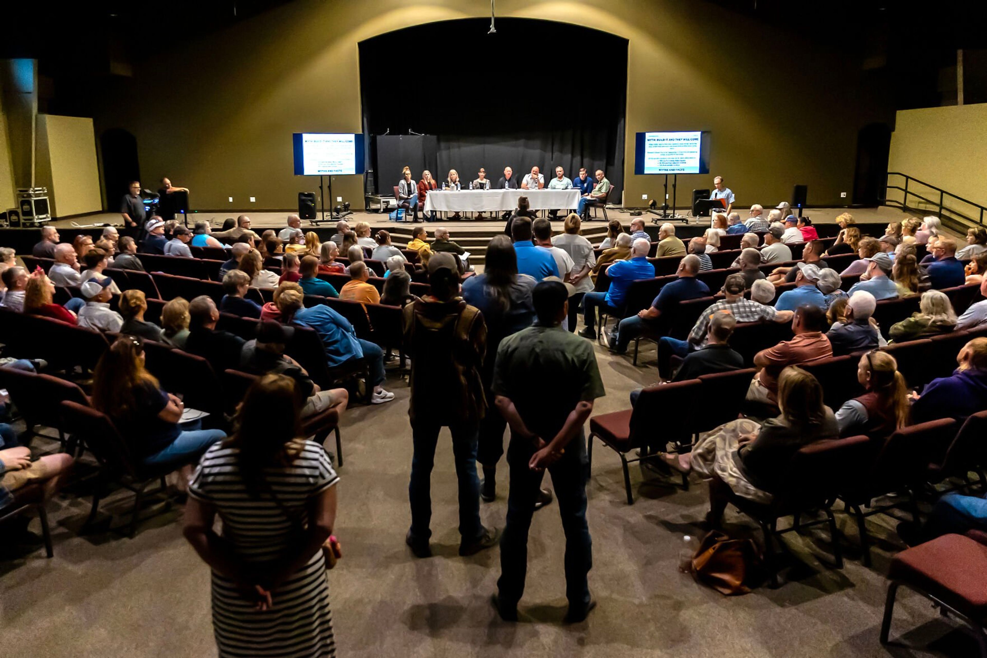 City councilmen and others answer questions from the public in a town hall Tuesday at the Asotin County Fire Department in Clarkston.