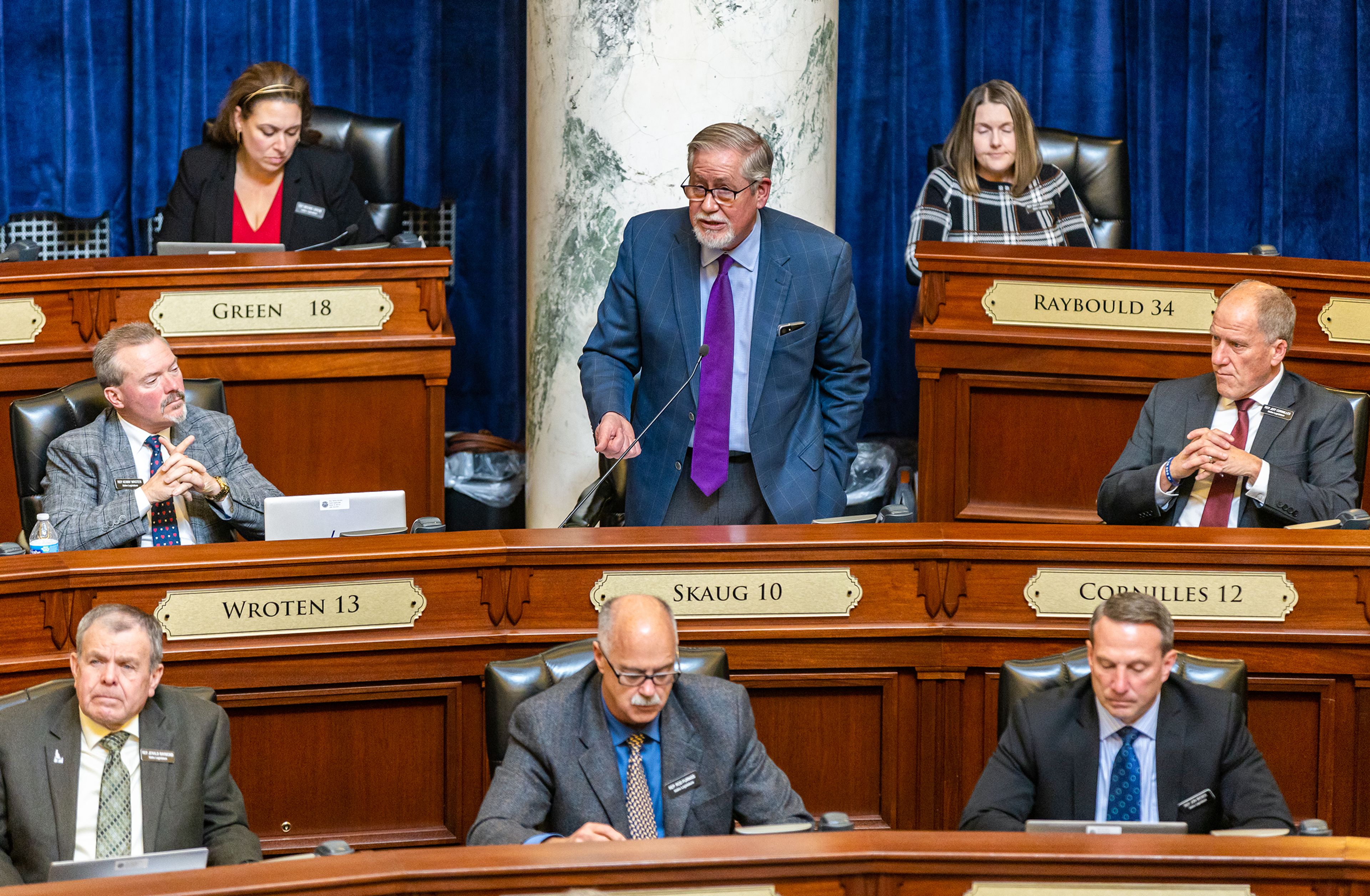 Representative Bruce Skaug addresses the Idaho House of Representatives on Tuesday during a legislative session regarding a ban on transgender care for minors at the Capitol Building in Boise.