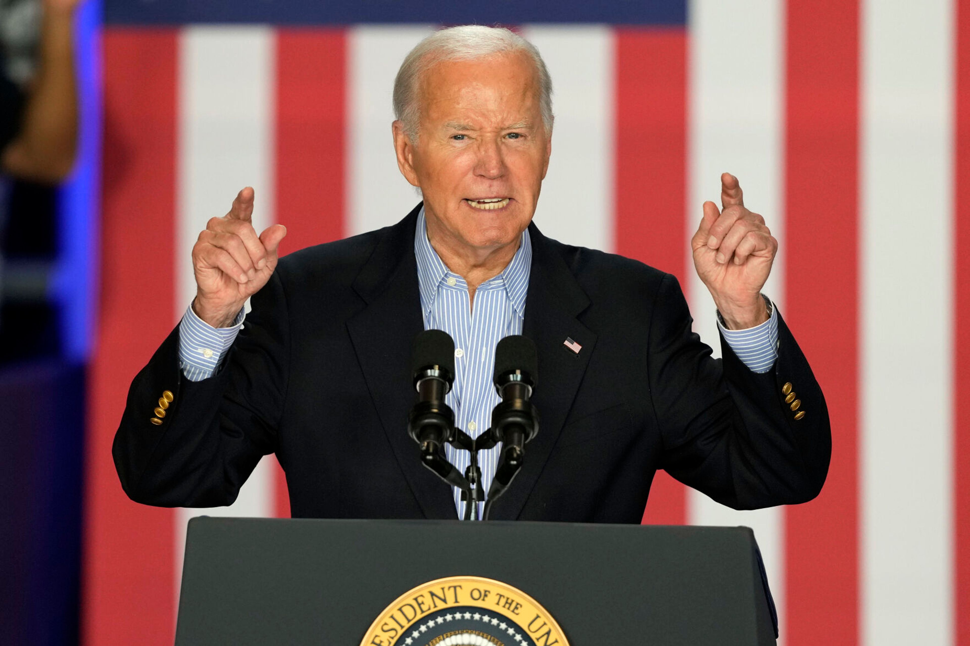 President Joe Biden speaks at a campaign rally at Sherman Middle School in Madison, Wis.,, July 5, 2024.