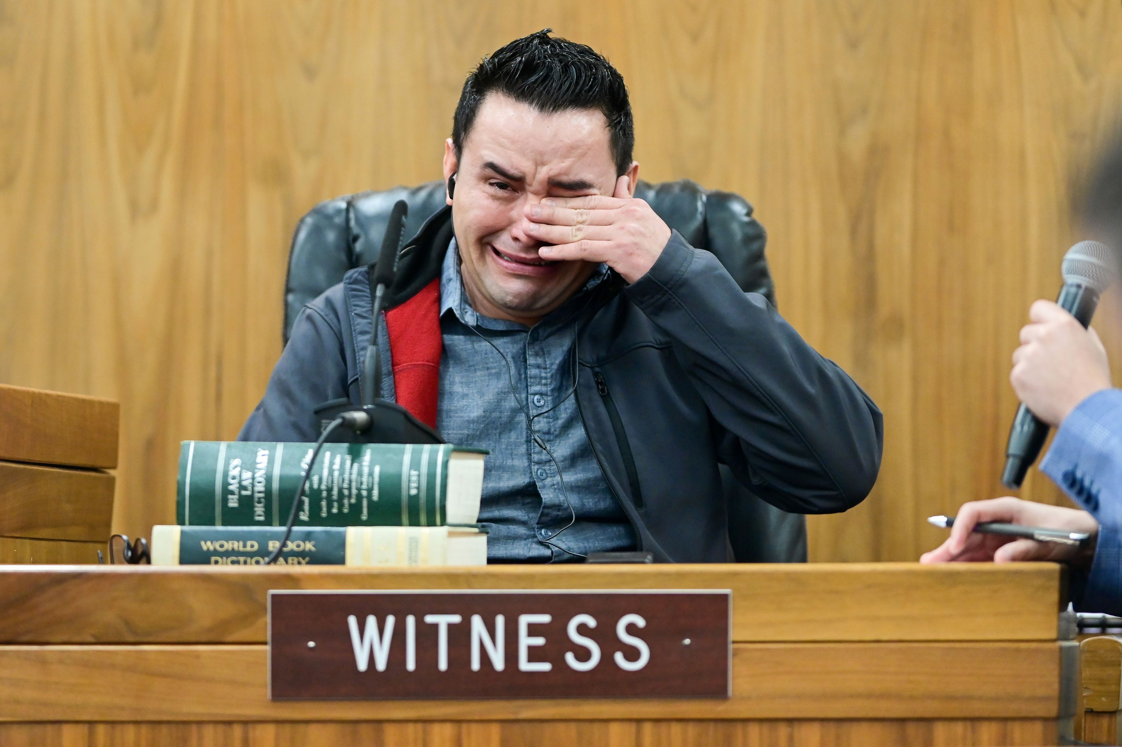 Juan Trejo Perez wipes his eyes while giving a testimony on the stand in the felony third-degree child molestation trial in Colfax on Wednesday. Trejo Perez was found guilty by a jury, and will be sentenced at a later date.