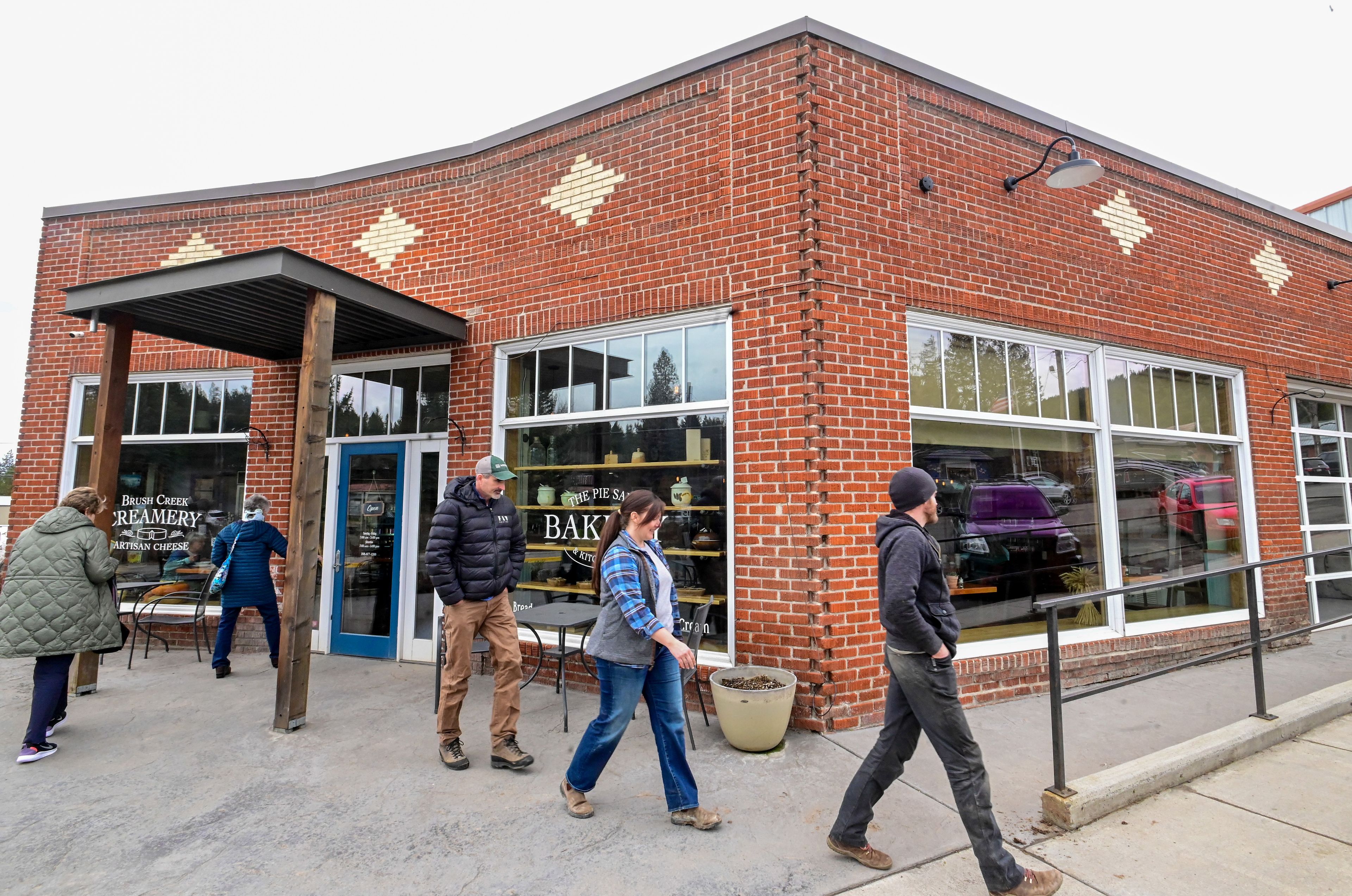 Guests of The Pie Safe Bakery enter and exit the historic building during lunch hours in Deary on Wednesday.