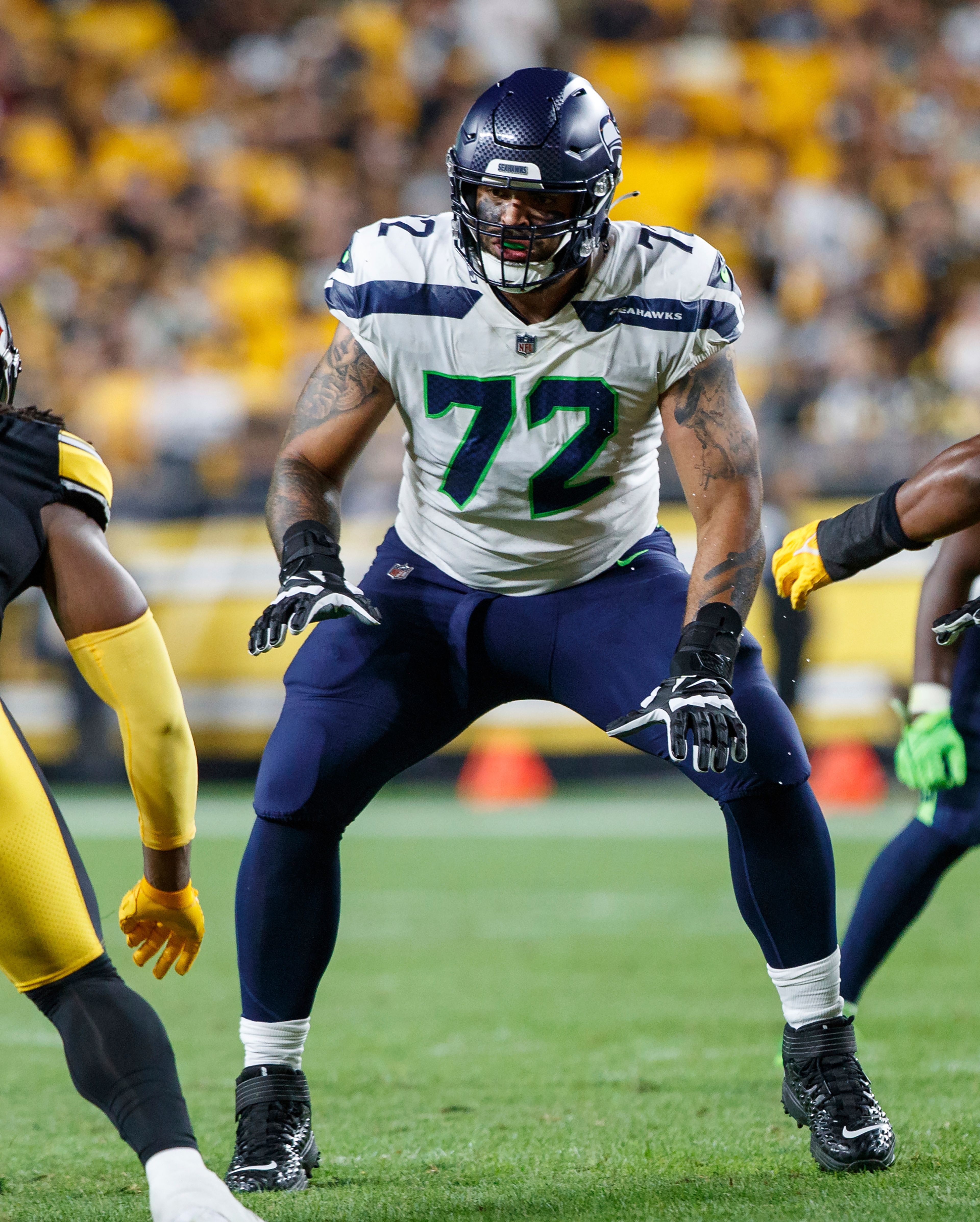 FILE - Seattle Seahawks offensive tackle Abraham Lucas (72) blocks during a preseason NFL football game against the Pittsburgh Steelers,  Saturday, Aug. 13, 2022, in Pittsburgh, Pa. Charles Cross and Abe Lucas were drafted to be the bookends to the Seattle Seahawks offensive now and in the future. (AP Photo/Matt Durisko, File)