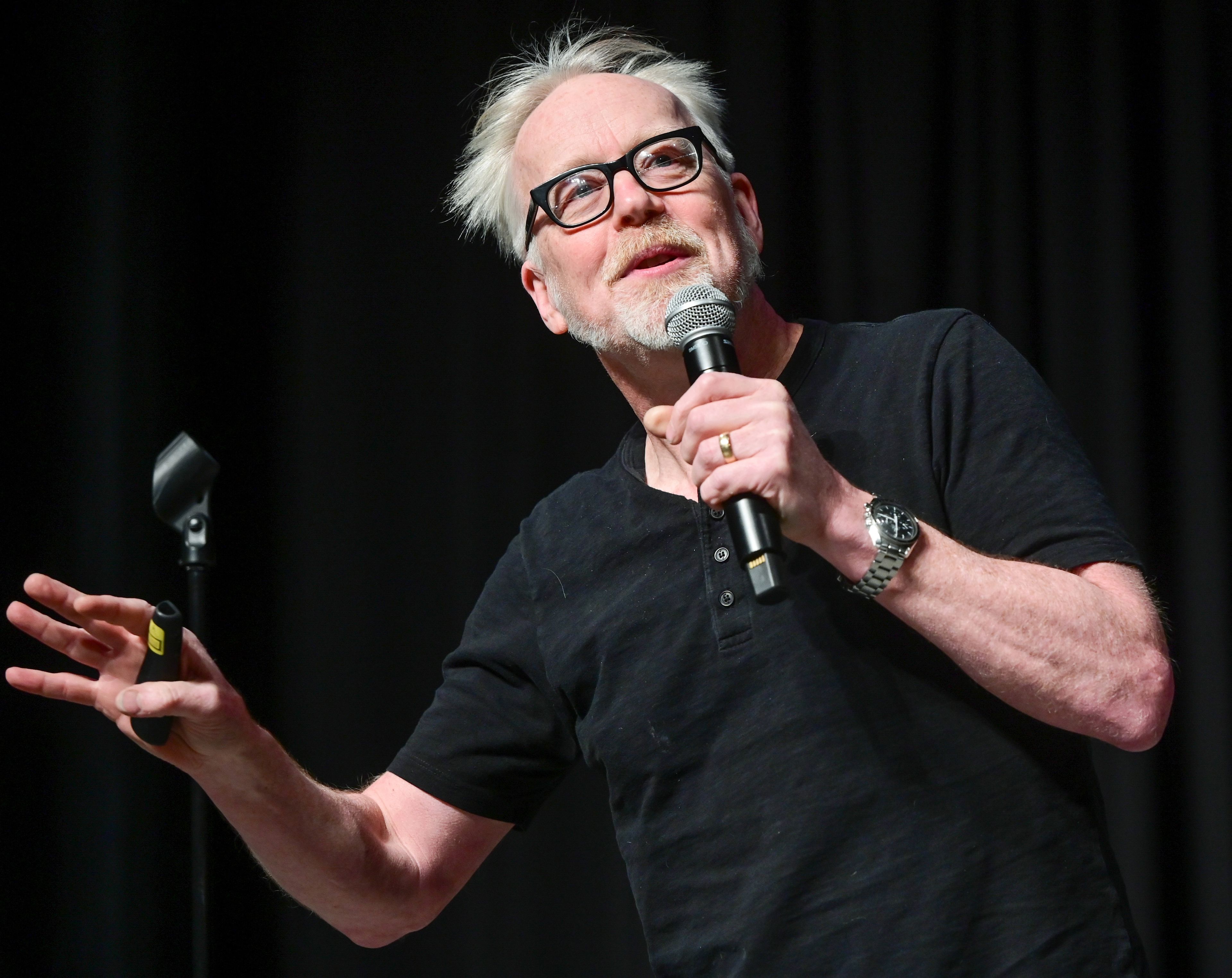 Adam Savage speaks at an Earth Day event hosted at Beasley Coliseum in Pullman on Sunday. The former co-host of "MythBusters" gave a keynote on his work and responded to crowd questions.