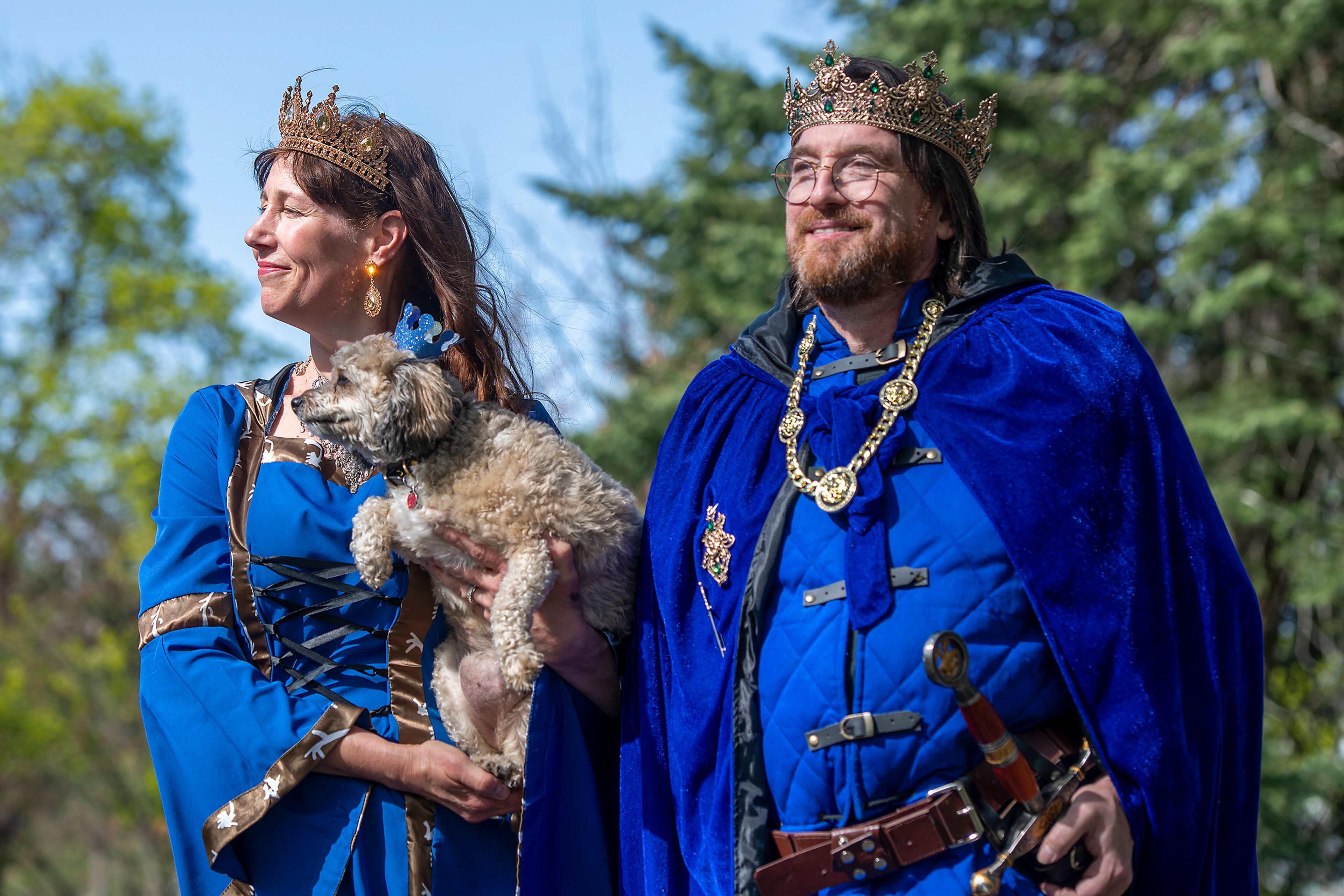 Queen Leeanne Noble and King Tom Preston pose for a portrait with Prince Radar at their side Tuesday at East City Park in Moscow. Noble and Preston were announced as the royal court for renaissance fair’s 50th anniversary. “It really is an honor and I know that both of us are delighted and appreciate being recognized by the committee,” Preston said.