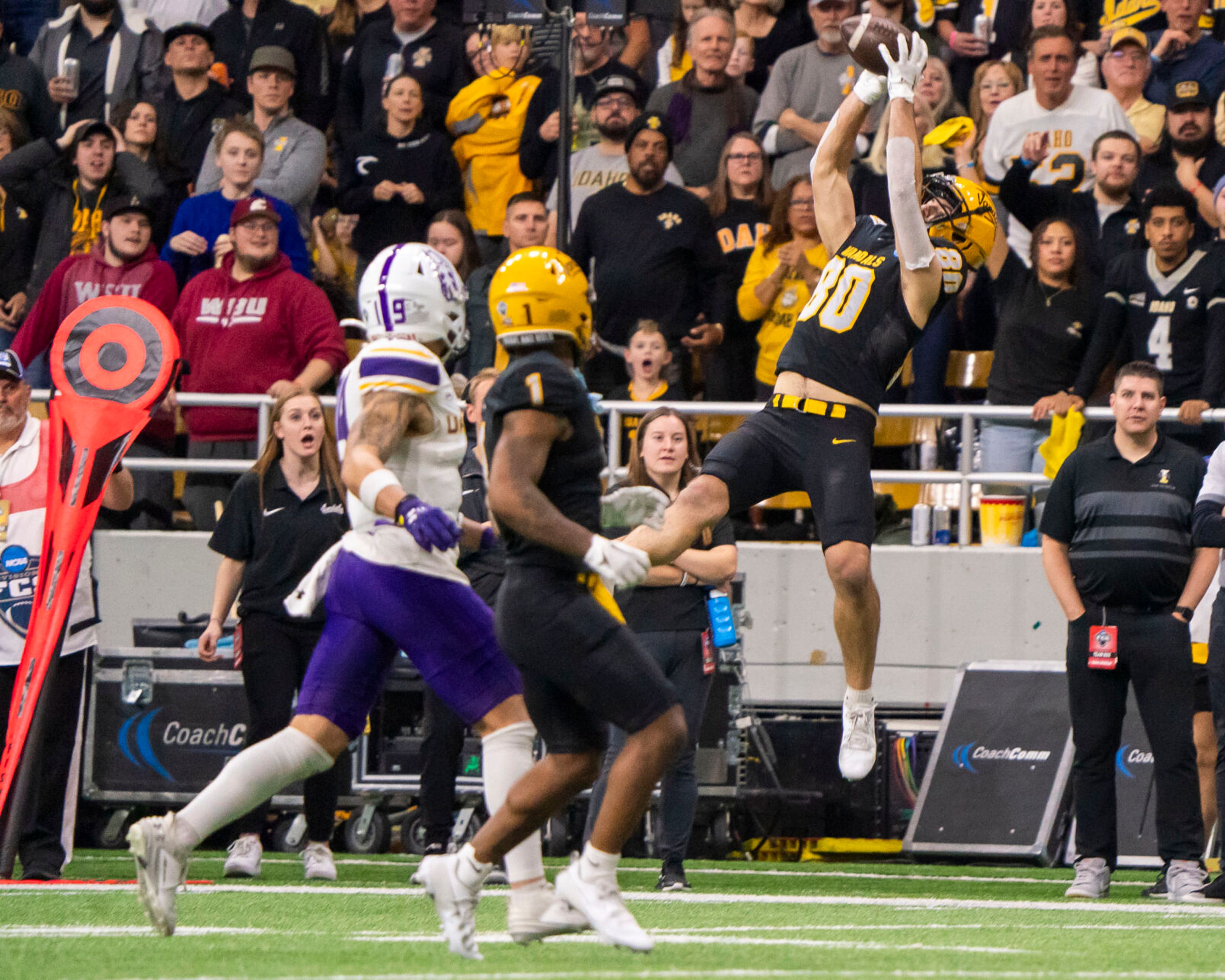 Idaho Vandals wide receiver Hayden Hatten (80) makes a leaping catch during their game against Albany in the third round of the 2023 Division I FCS Football Championship on Saturday inside the Kibbie Dome in Moscow.