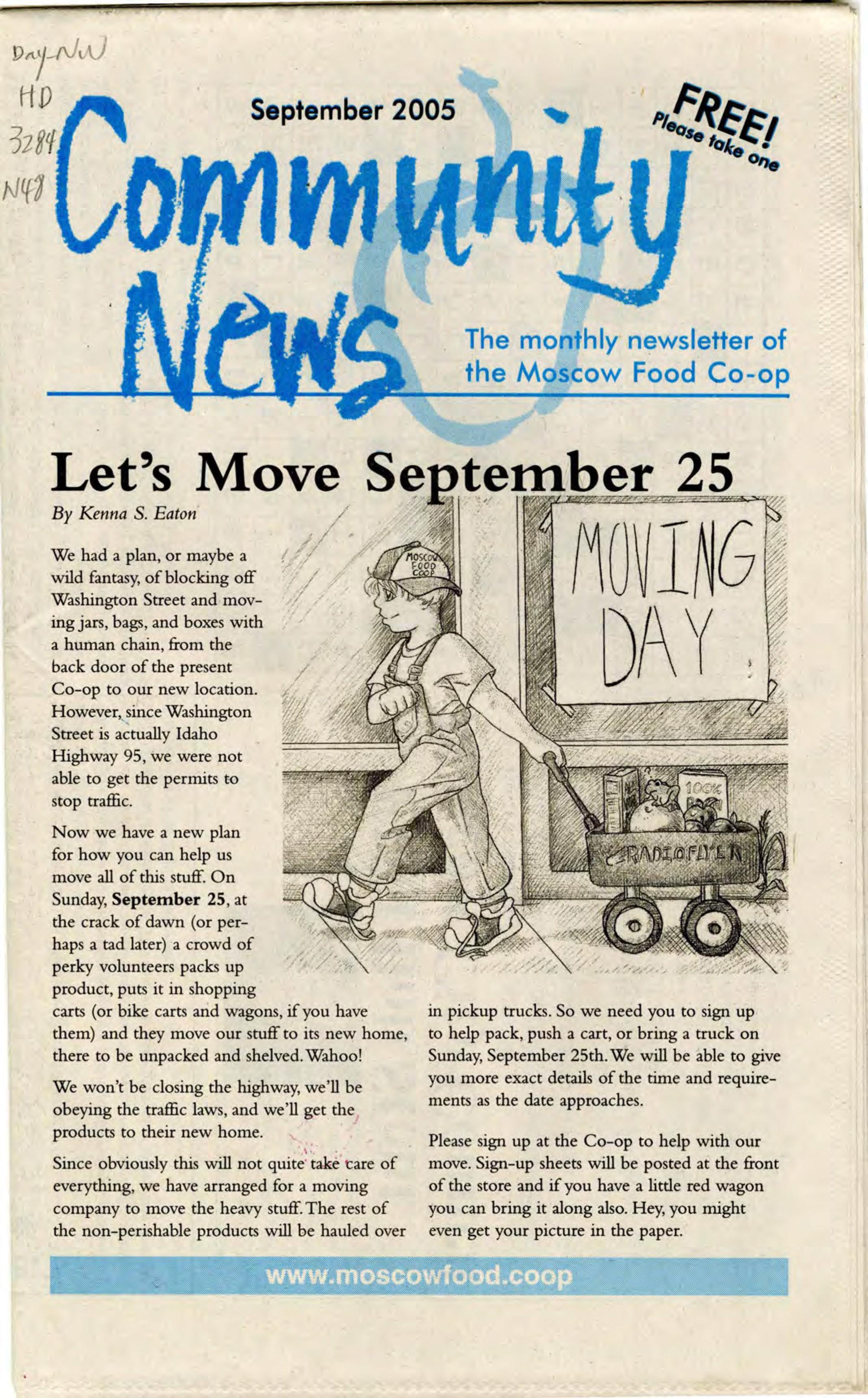 The cover of the September 2005 Moscow Food Coop newsletter. It details plans for moving from the corner of Third and Washington street to the store’s current location on Fifth Street.