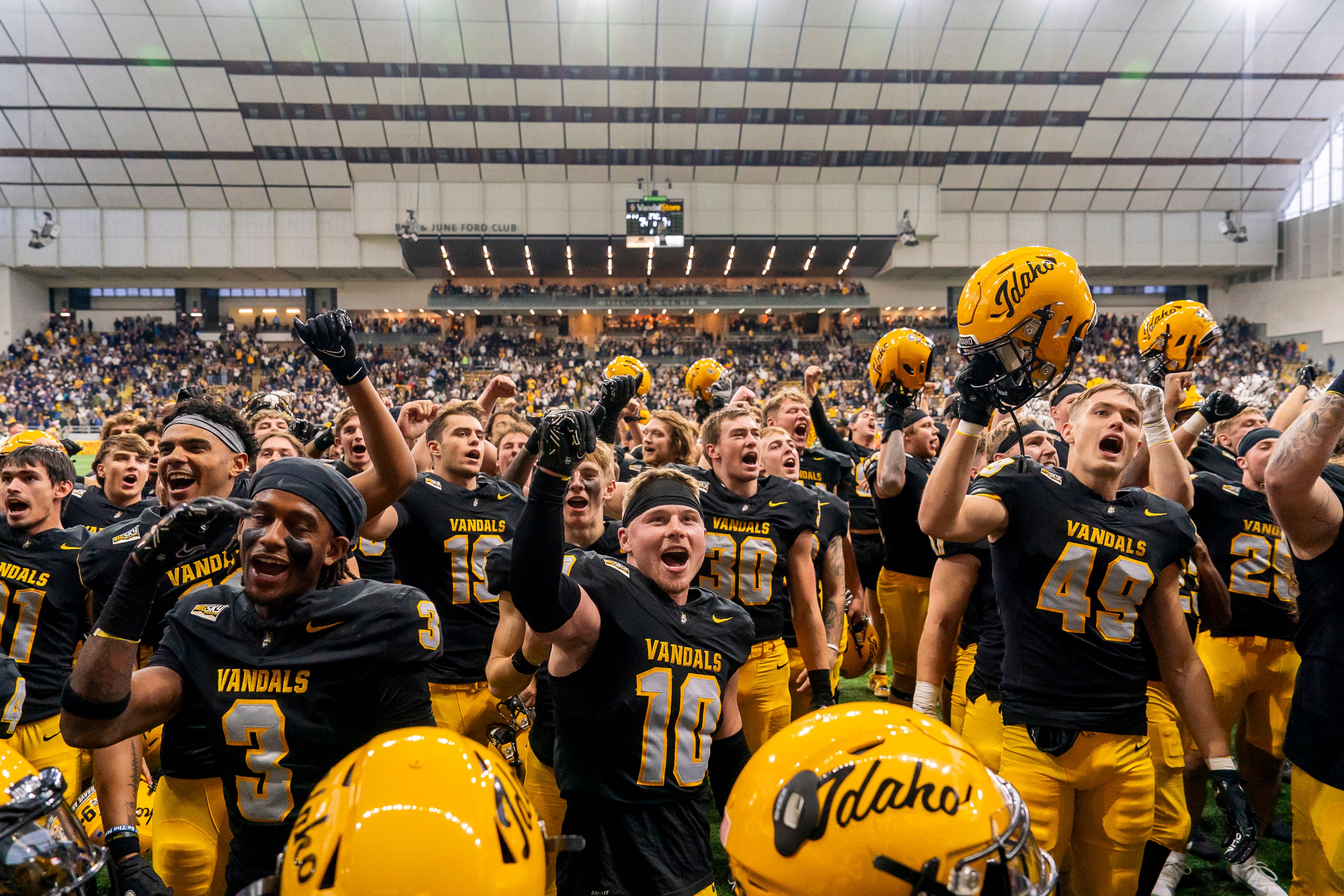 The Vandals sing the University of Idaho fight song after beating Montana State 24-21 on Oct. 28 at the P1FCU Kibbie Dome in Moscow.