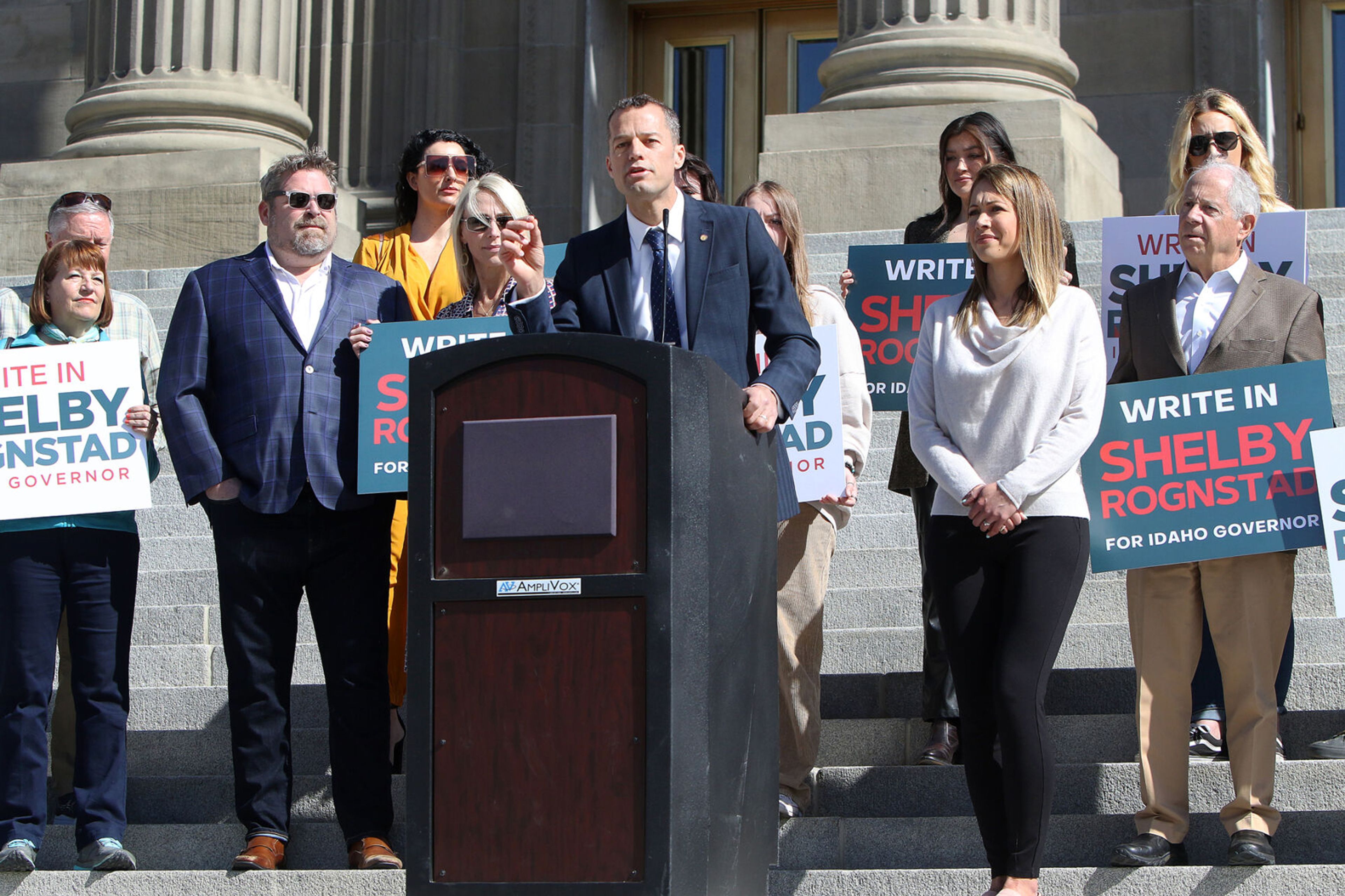 Sandpoint Mayor Shelby Rognstad speaks during a news conference Thursday on the steps of the Idaho Capitol. Rognstad failed to make the democractic primary ballot in the race for governor, but will attempt to secure the nomination as a write-in candidate.