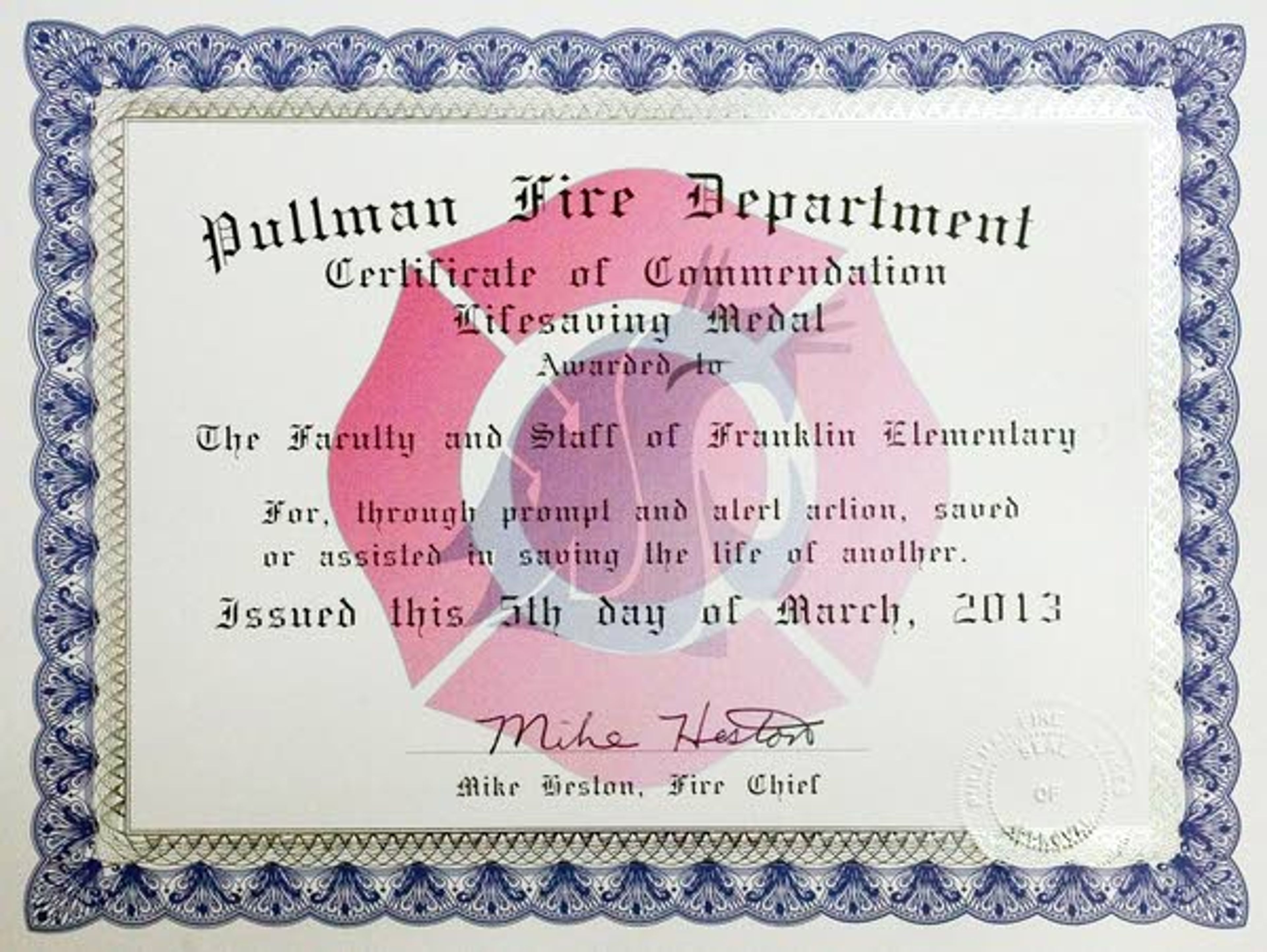 The Pullman Fire Department presented civilian lifesavings awards to several individuals as well as the entire faculty and staff of Franklin Elementary School.