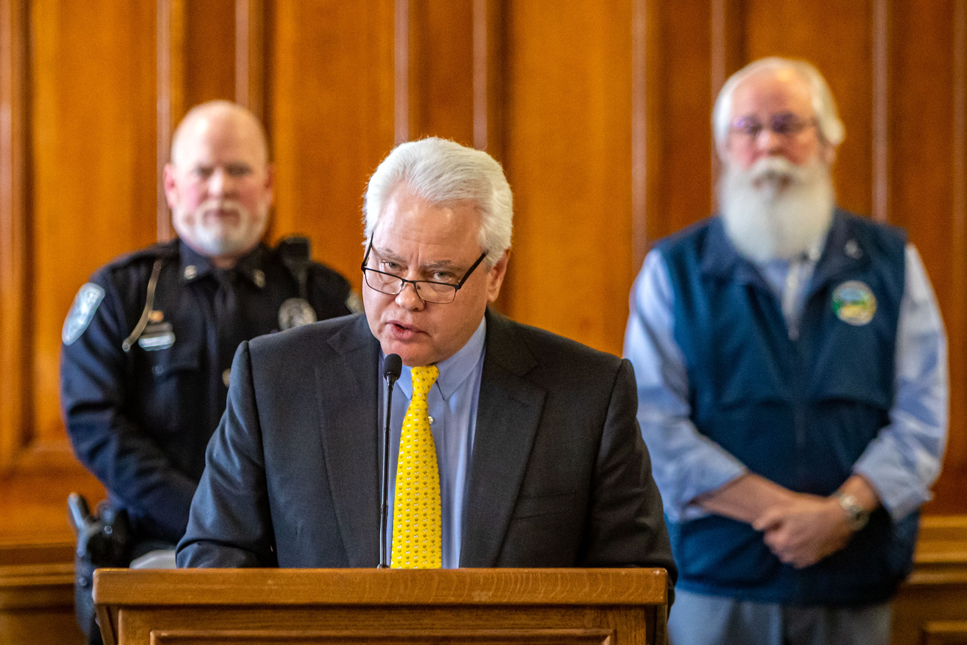 University of Idaho President Scott Green speaks on behalf of the university during a press conference Friday regarding the arrest of Bryan C. Kohberger at City Hall in Moscow. Kohberger was arrested Friday in Effort, Pa. on first degree murder charges.