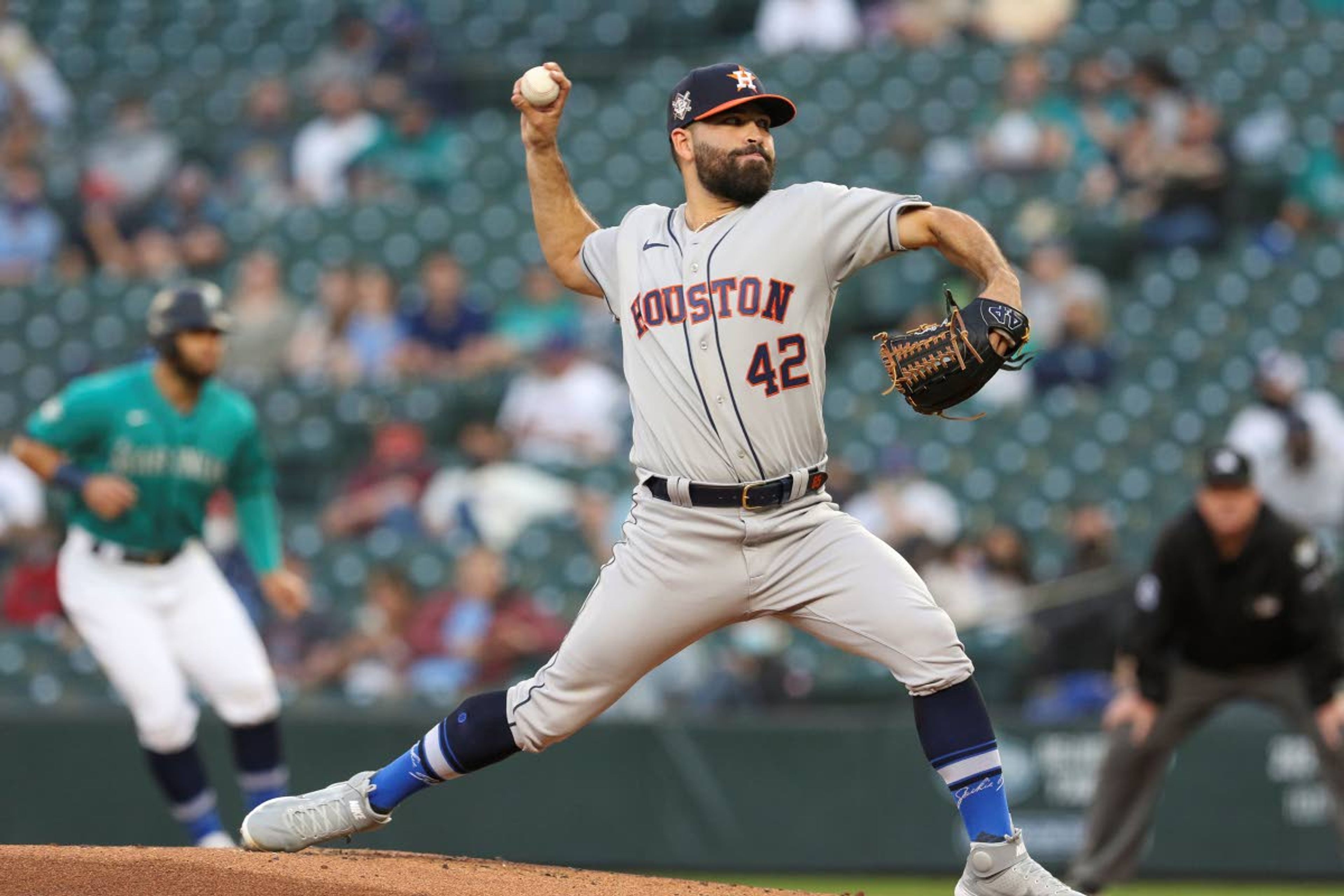 Houston Astros starting pitcher Jose Urquidy throws to a Seattle Mariners batter during the second inning of a baseball game Friday, April 16, 2021, in Seattle (AP Photo/Jason Redmond)