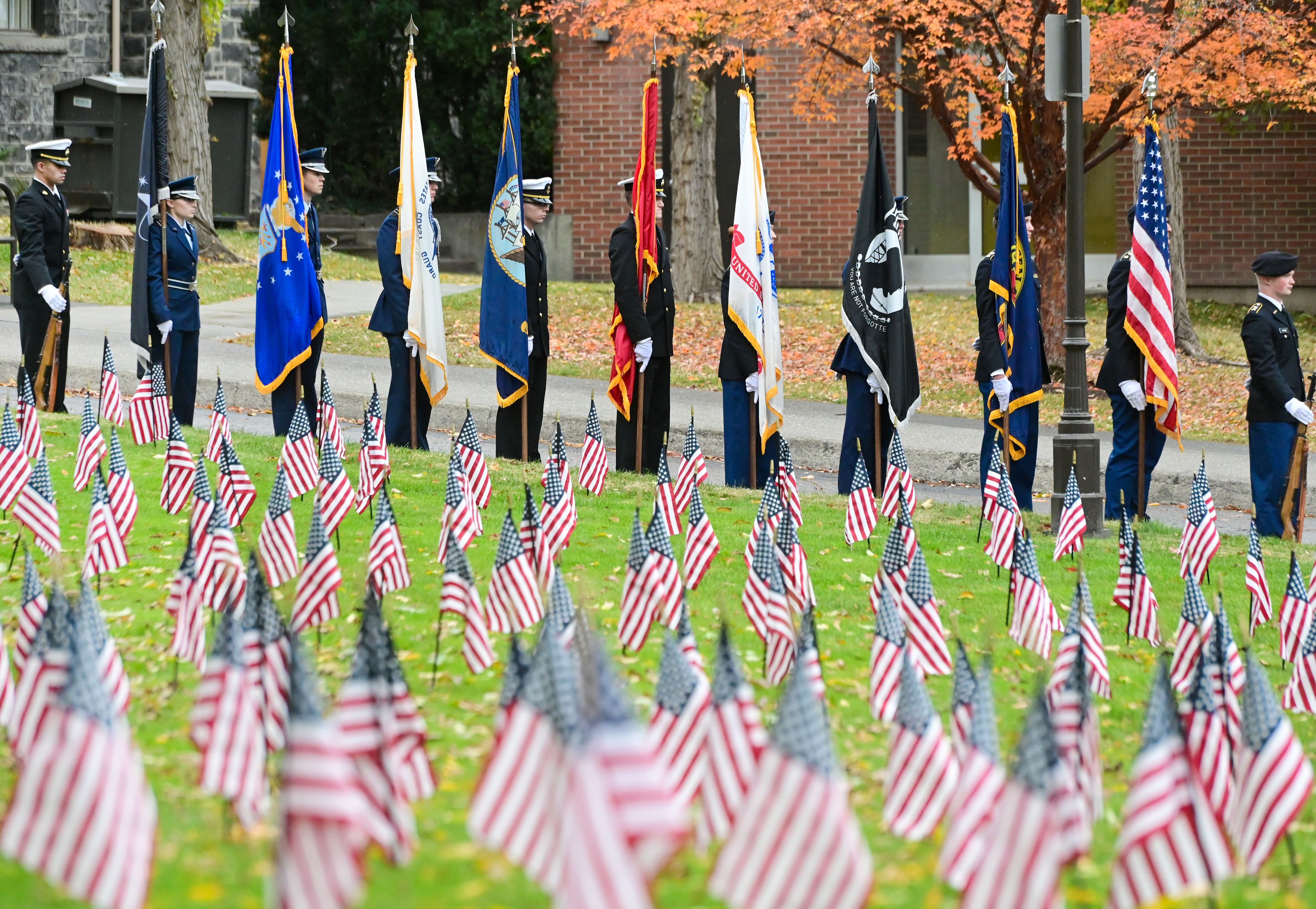 American flags fill the northwest lawn of the University of Idaho Administration Building before the start of the UI Veterans Day wreath-laying ceremony Monday in Moscow.