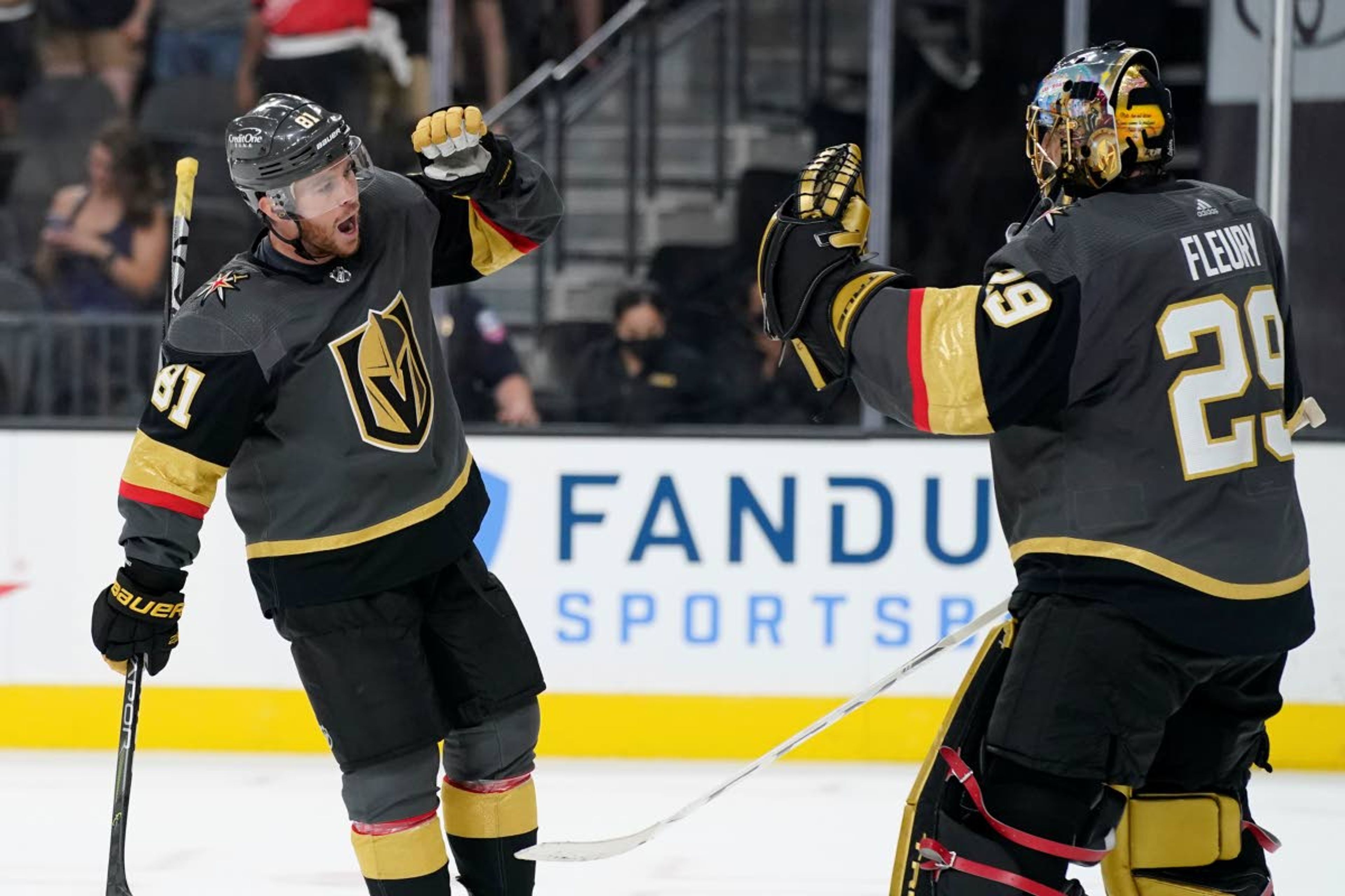 Vegas Golden Knights center Jonathan Marchessault (81) celebrates after scoring against the Colorado Avalanche during the third period in Game 3 of an NHL hockey Stanley Cup second-round playoff series Friday, June 4, 2021, in Las Vegas. (AP Photo/John Locher)