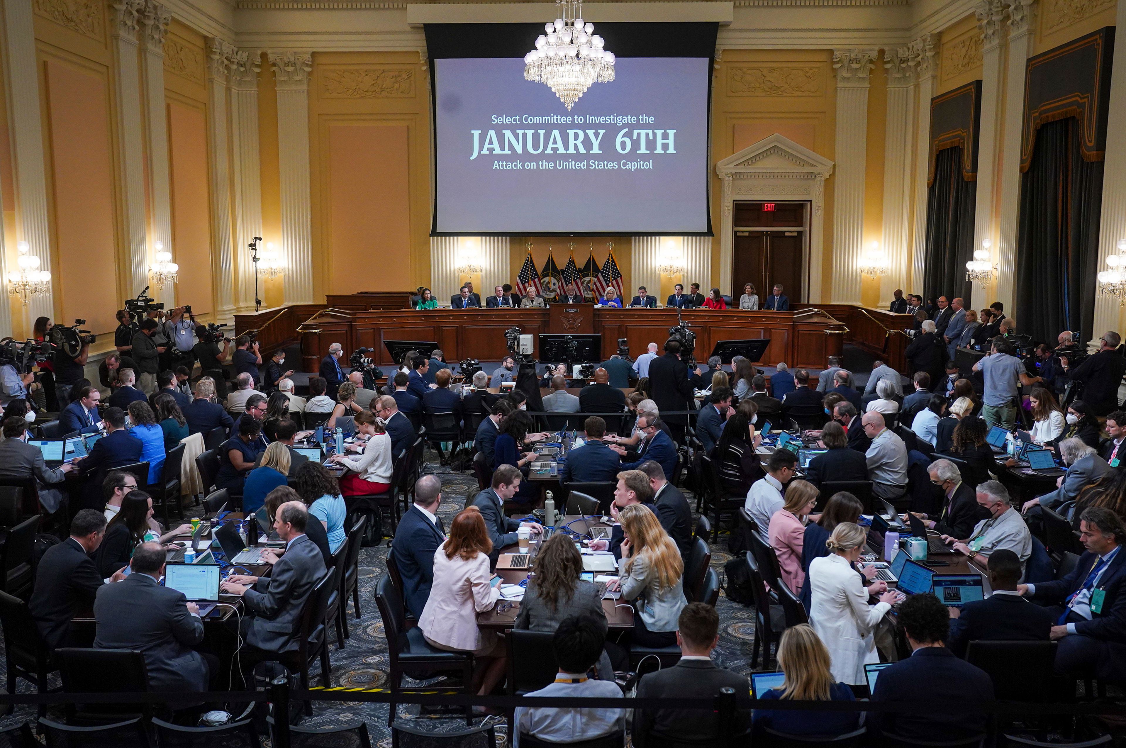 The House select committee investigating the Jan. 6 attack on the U.S. Capitol holds its first public hearing to reveal the findings of a year-long investigation, on Capitol Hill in Washington, Thursday, June 9, 2022. (Jabin Botsford//The Washington Post via AP, Pool)