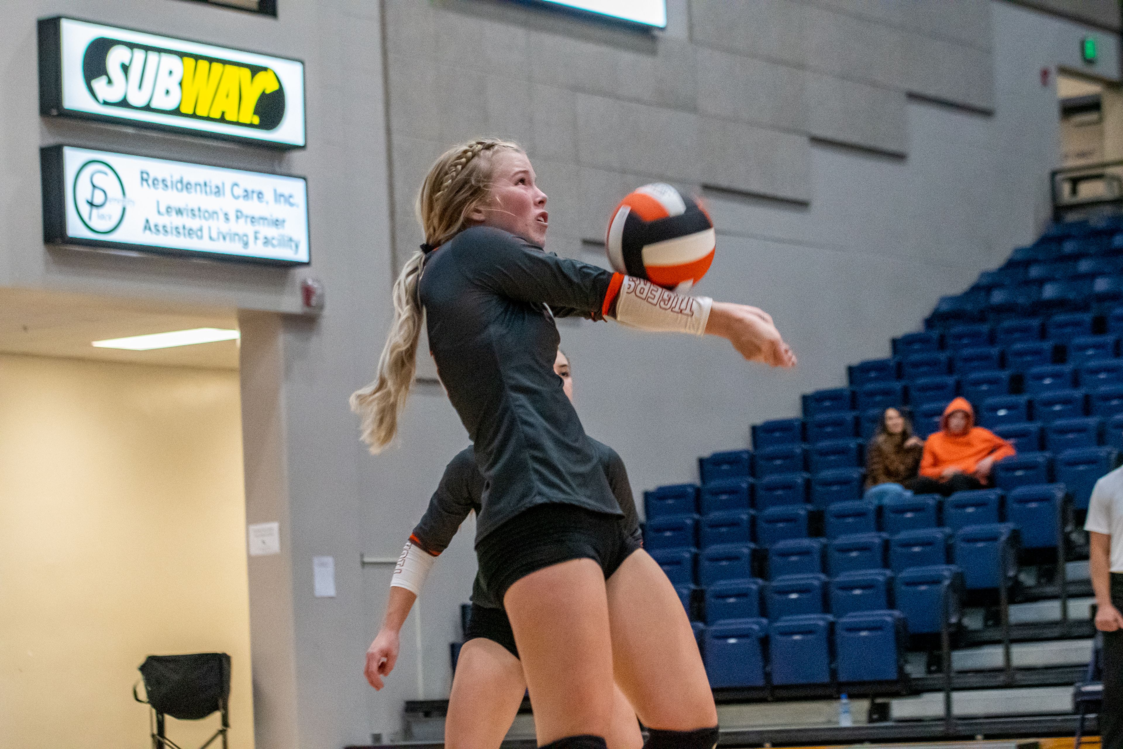 Kendrick setter Ruby Stewart sets her team up for a spike against Deary during the Idaho Class 1A Division II district volleyball tournament final at the P1FCU Activity Center in Lewiston on Thursday.