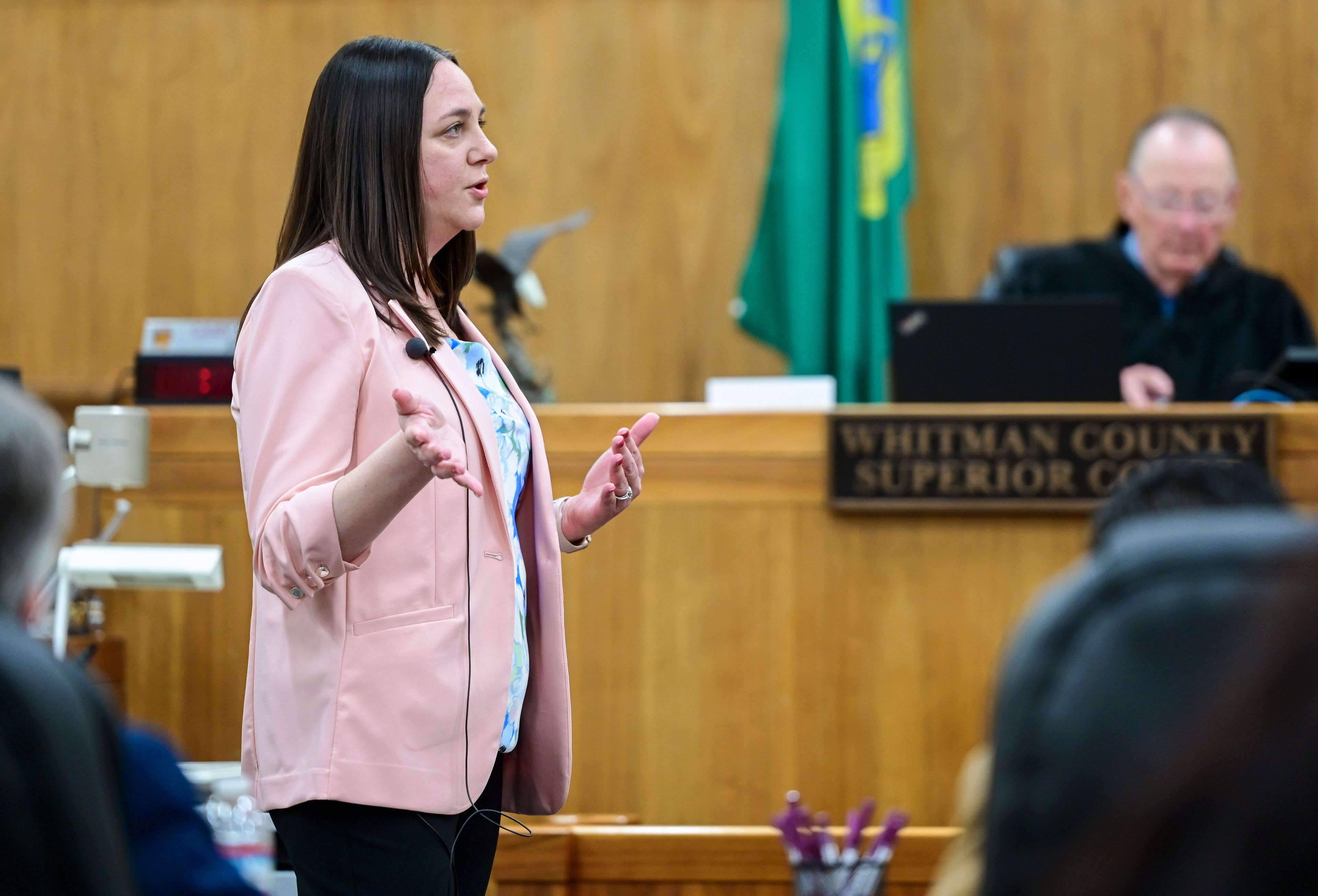 Prosecutor Tessa Scholl gives an opening statement to the jury in the trial for Juan Trejo Perez, who’s accused of molesting a teenage boy in Pullman, at the Whitman County Superior Court in Colfax on Tuesday.