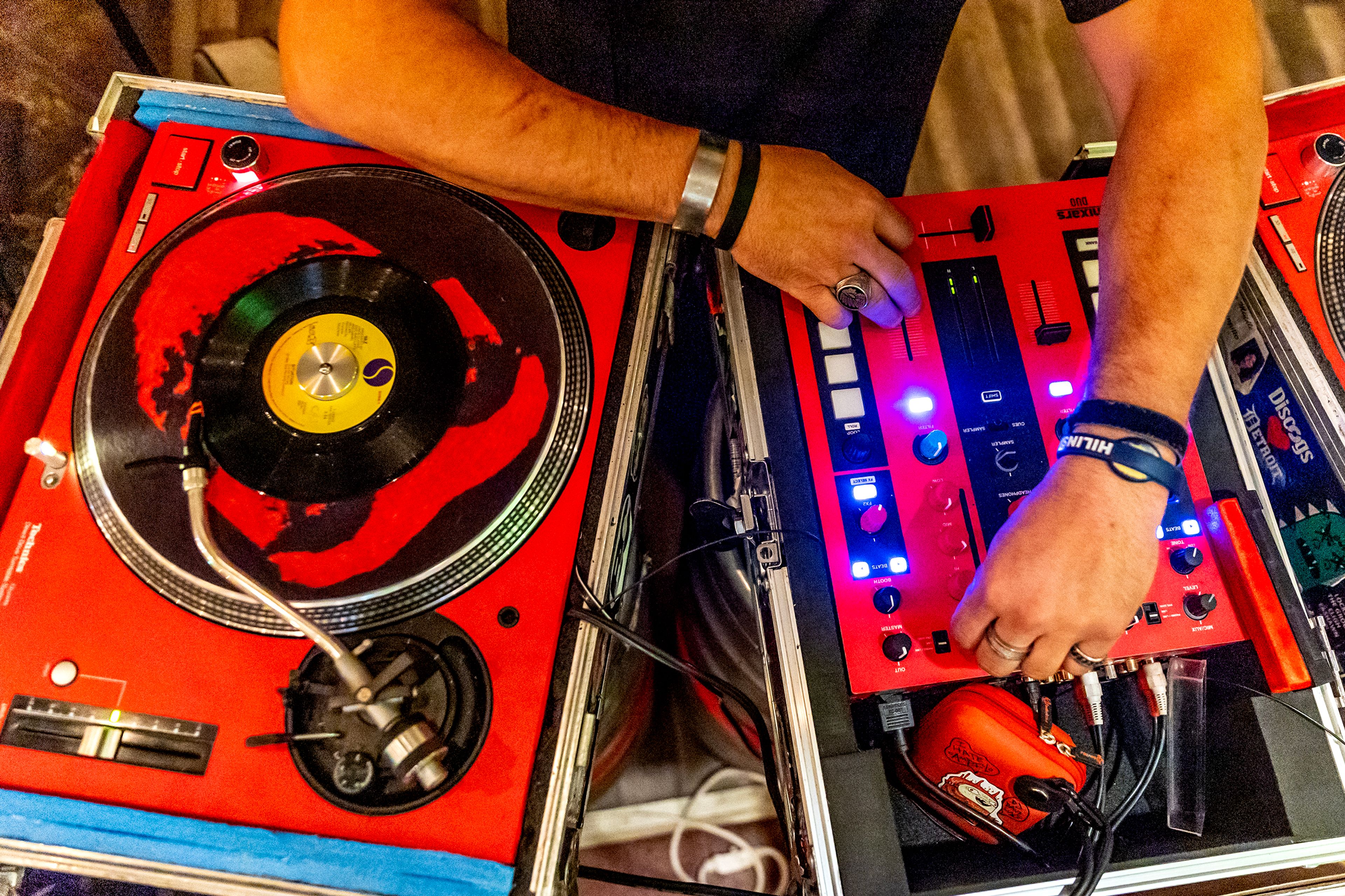 David Campillo mixes the music during Bring Your Own Vinyl Night Wednesday at Moscow Brewing Company.