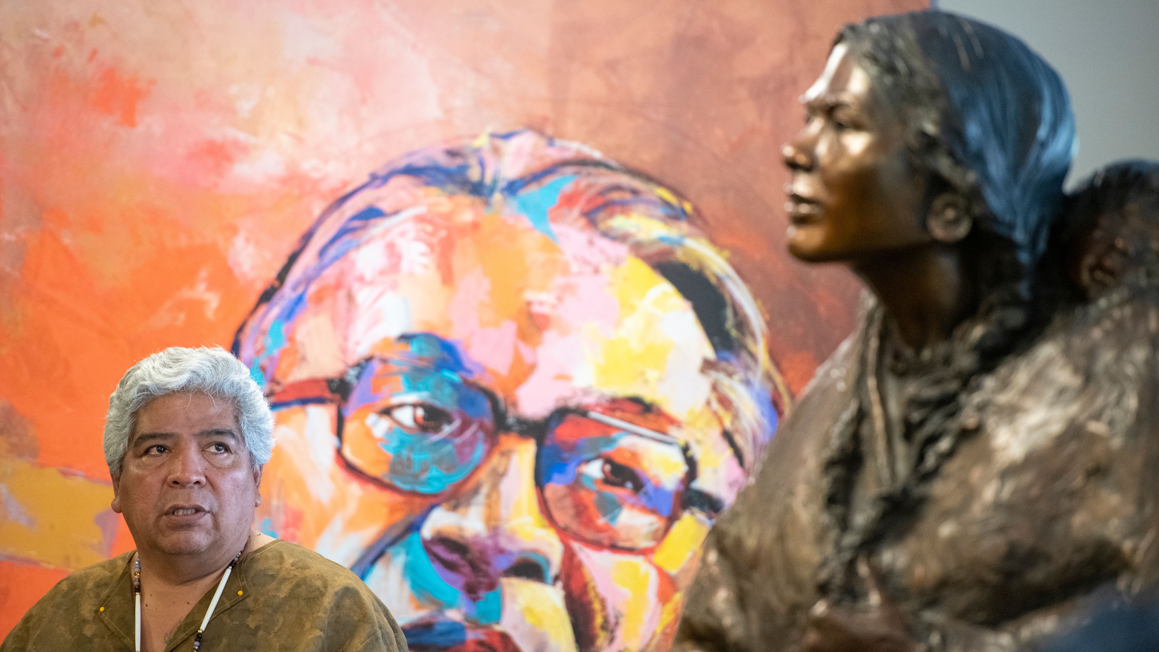 Councilman Ladd Edmo speaks at the University of Idaho during a dedication for the sculpture, “Sacagawea and Jean Baptiste,” inside Bruce M. Pitman Center’s Tribal Lounge in Moscow on Friday.