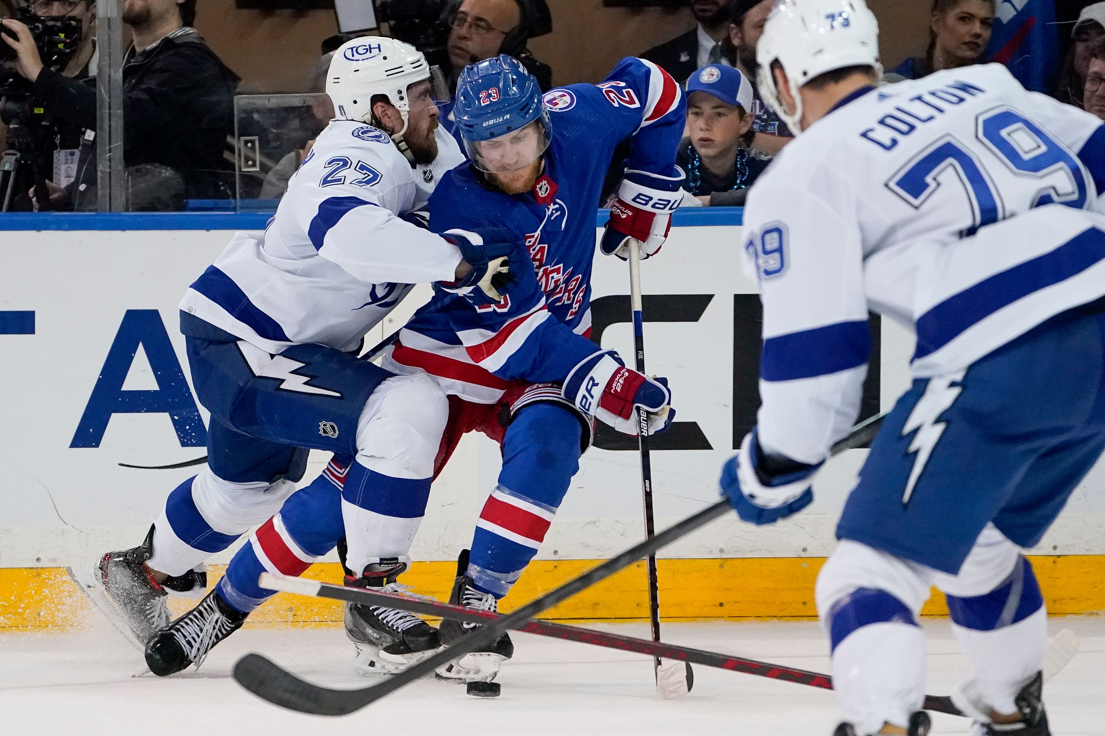 Associated Press Lightning defenseman Ryan McDonagh (27) checks New York Rangers defenseman Adam Fox (23) Friday in the second period of Game 2 of the NHL hockey Stanley Cup playoffs Eastern Conference finals in New York.