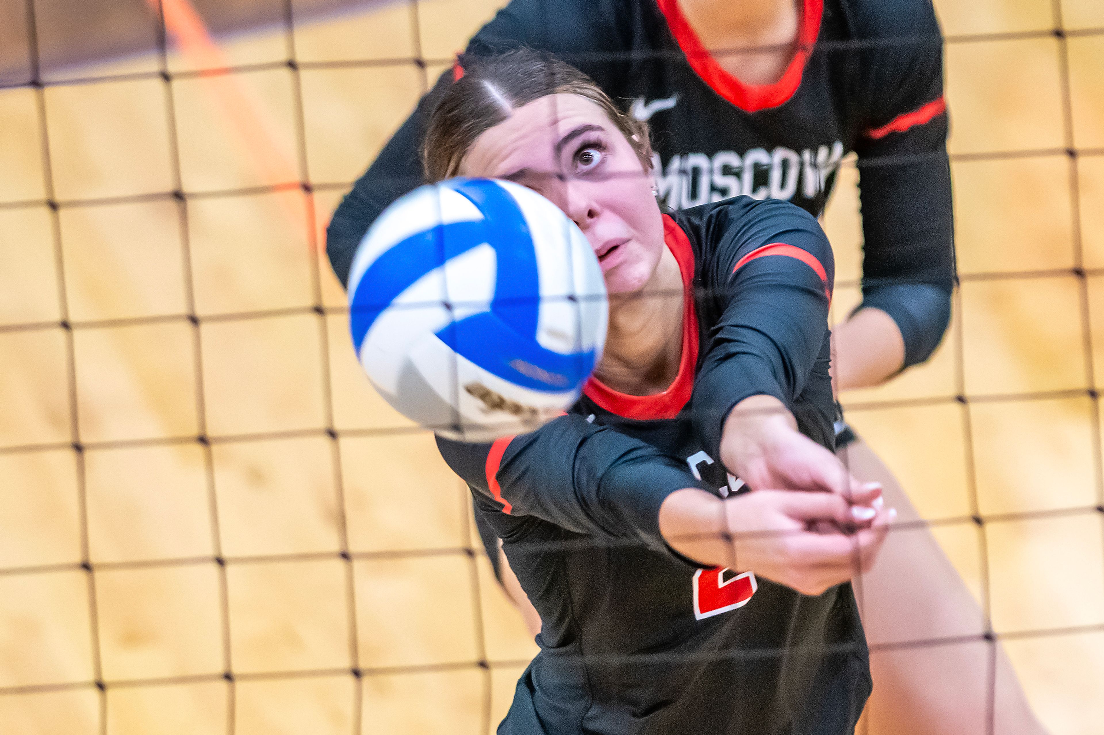 Moscow middle Eva Biladeau keeps the ball in play against Lewiston in a 5A district tournament match Tuesday in Lewiston.