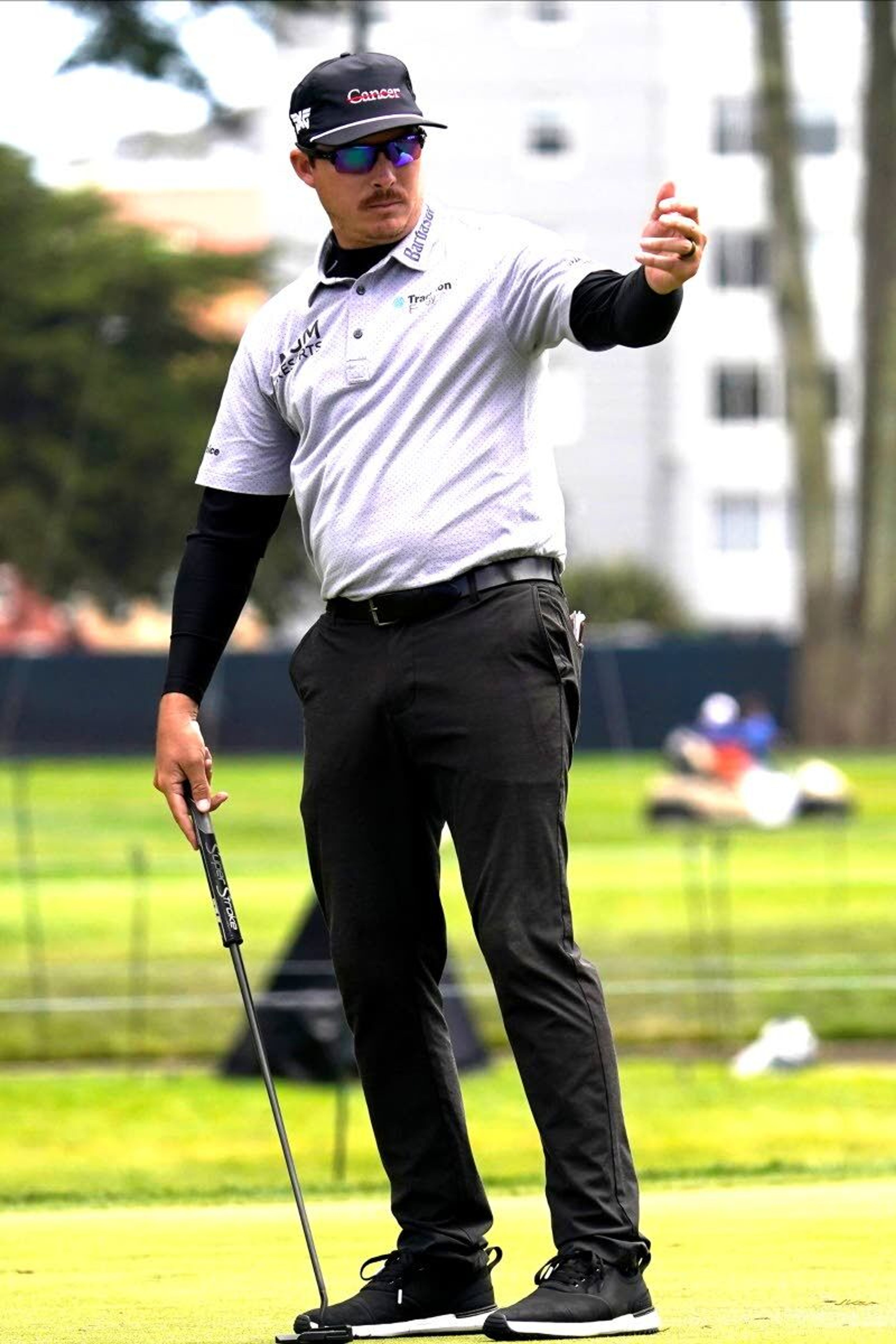 Joel Dahmen reacts after missing a putt on the second hole during the third round of the PGA Championship golf tournament at TPC Harding Park Saturday, Aug. 8, 2020, in San Francisco. (AP Photo/Jeff Chiu)