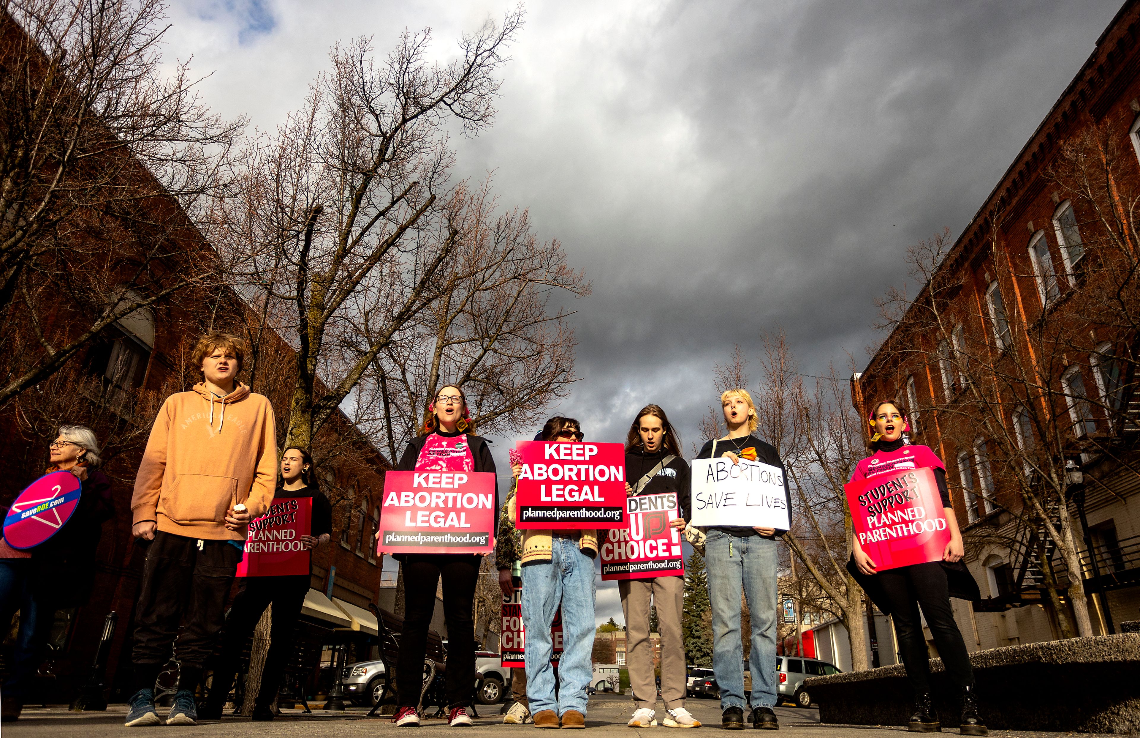 Protesters chant as they gather at Friendship square on Main Street Moscow during a protest in favor of maintaining Roe v. Wade in on Tuesday evening.