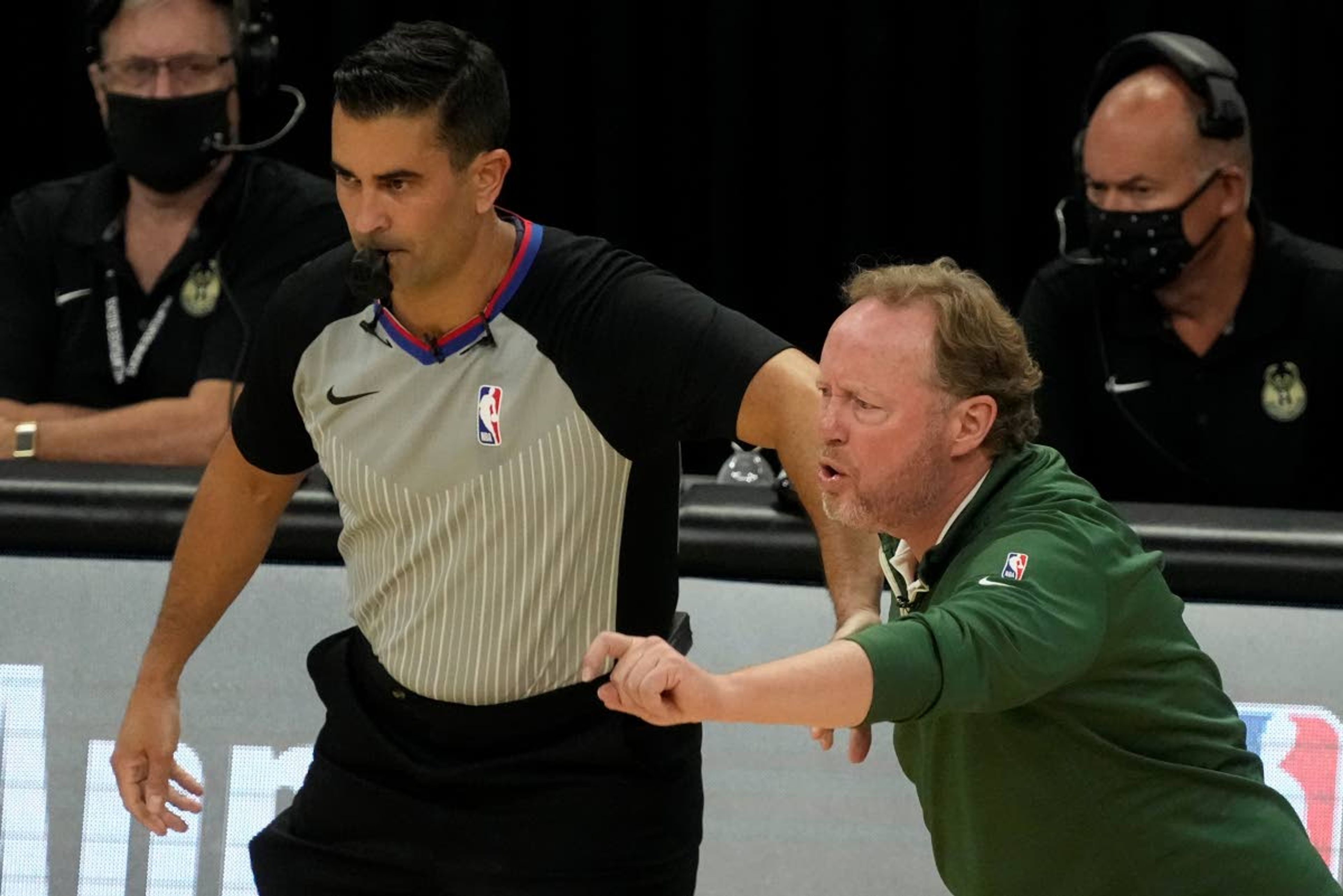 Milwaukee Bucks head coach Mike Budenholzer reacts during the second half of Game 1 of the NBA Eastern Conference basketball finals game against the Atlanta Hawks Wednesday, June 23, 2021, in Milwaukee. (AP Photo/Morry Gash)