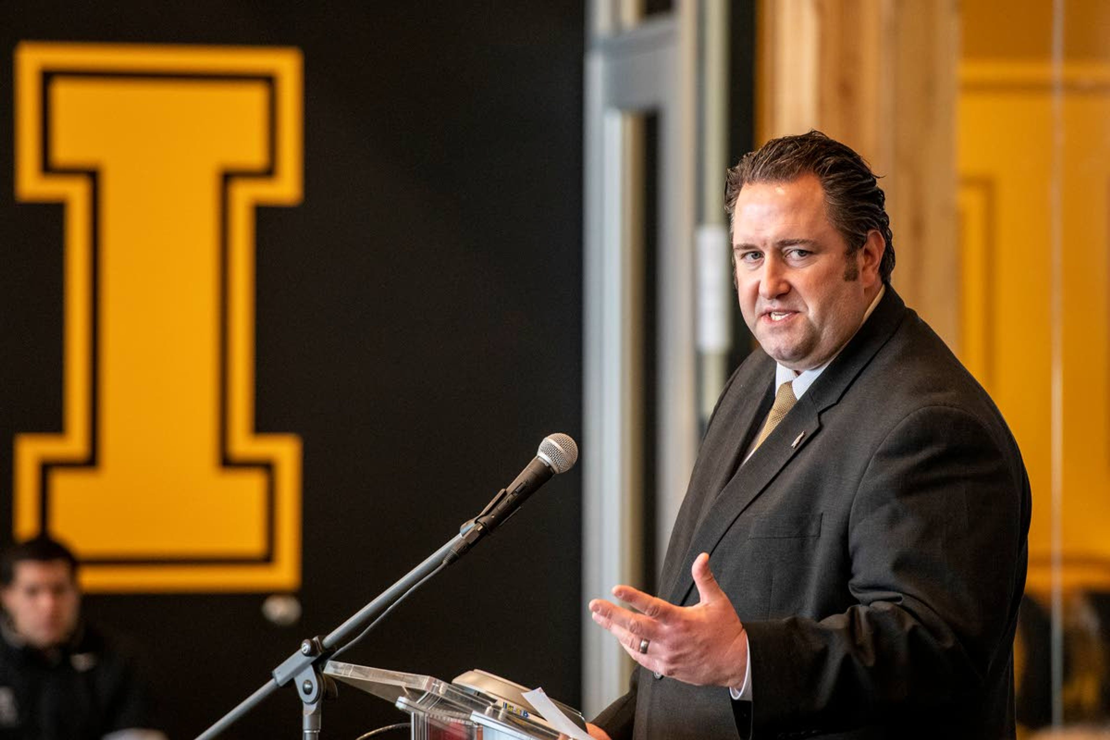 Zach Wilkinson/Daily NewsThe University of Idaho’s new head football coach Jason Eck speaks to a crowd Monday afternoon during his introductory news conference at Idaho Central Credit Union Arena in Moscow.