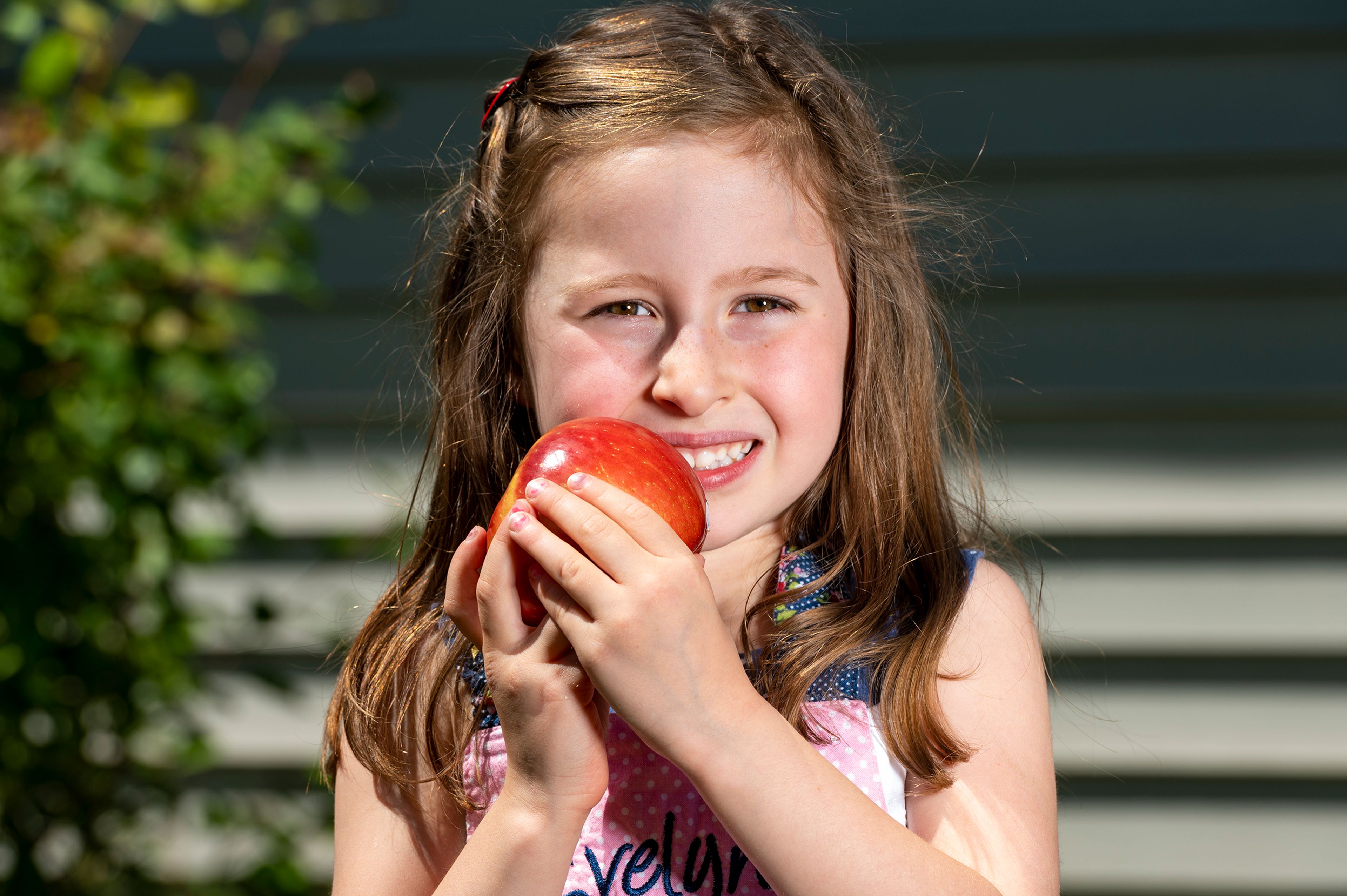 Evie Rudley, 5, is photographed holding a Cosmic Crisp apple after winning the Cosmic Crisp Culinary Challenge in the kid chef category with her Cosmic Crisp Apple Breakfast Pizza.