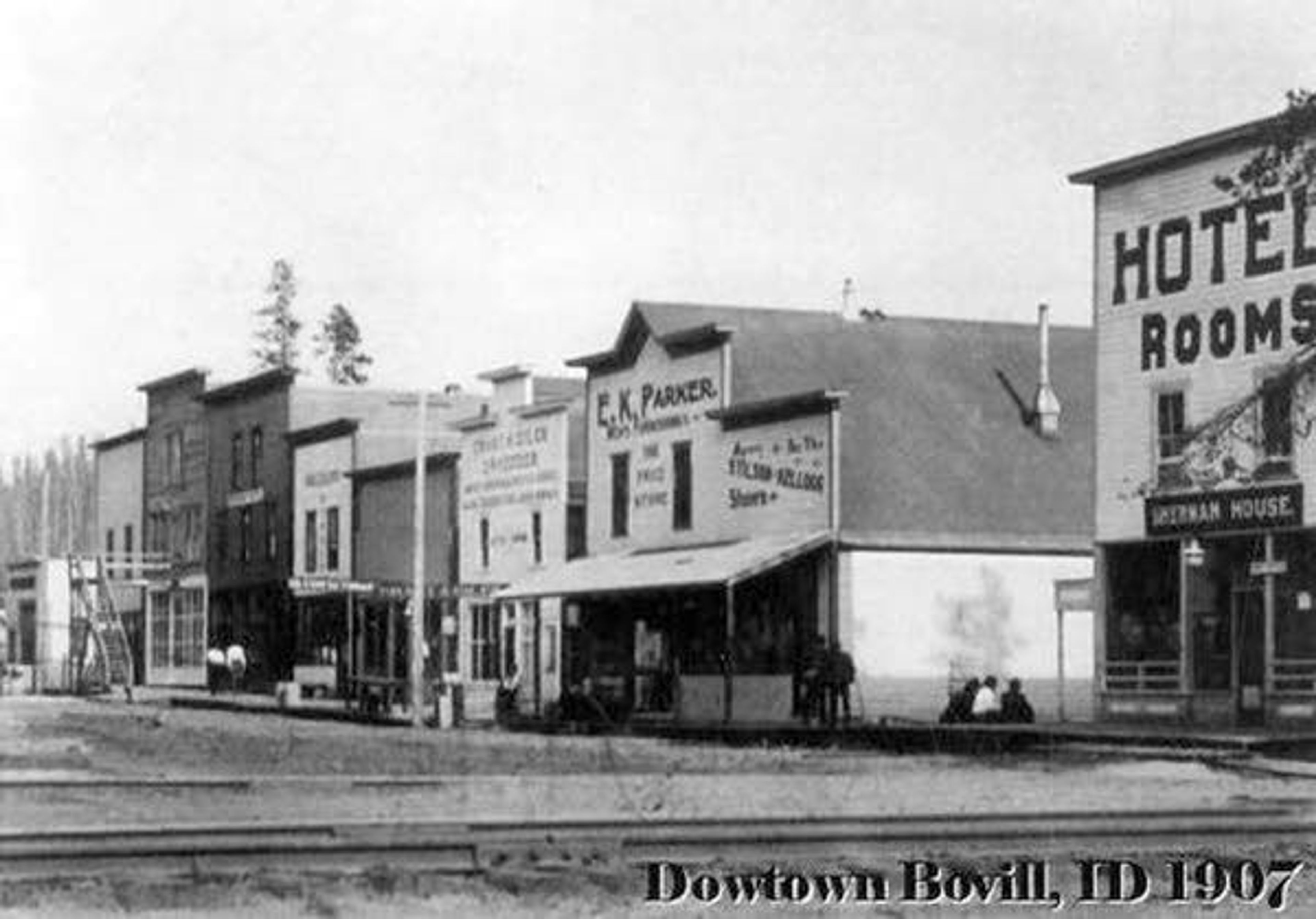 A street scene of downtown Bovill in 1907, when logging was bringing wealth to the community and before fires destroyed the commercial district.