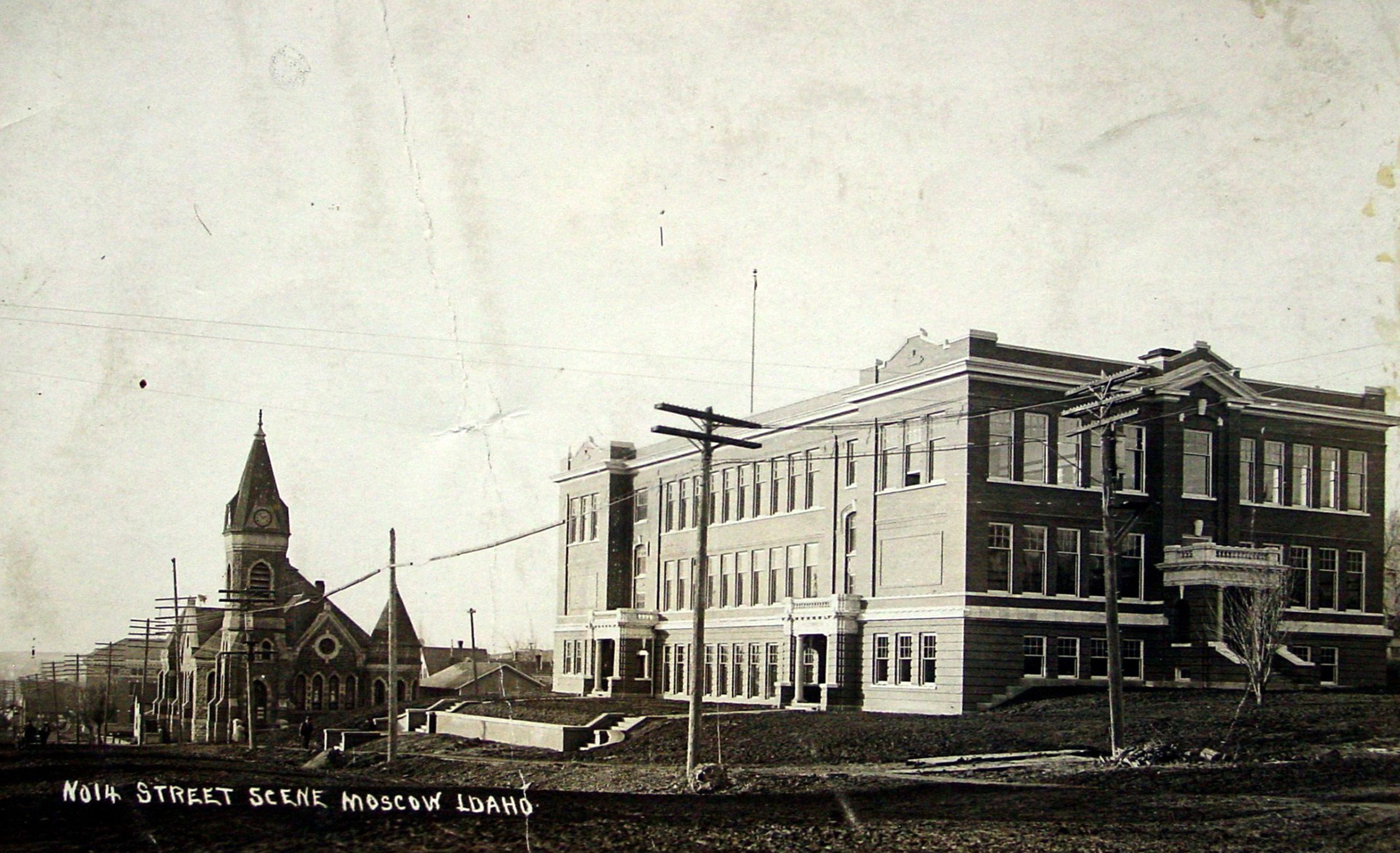 Moscow High School, now the 1912 Center, is seen next to the Methodist Church along Third street, circa 1915.