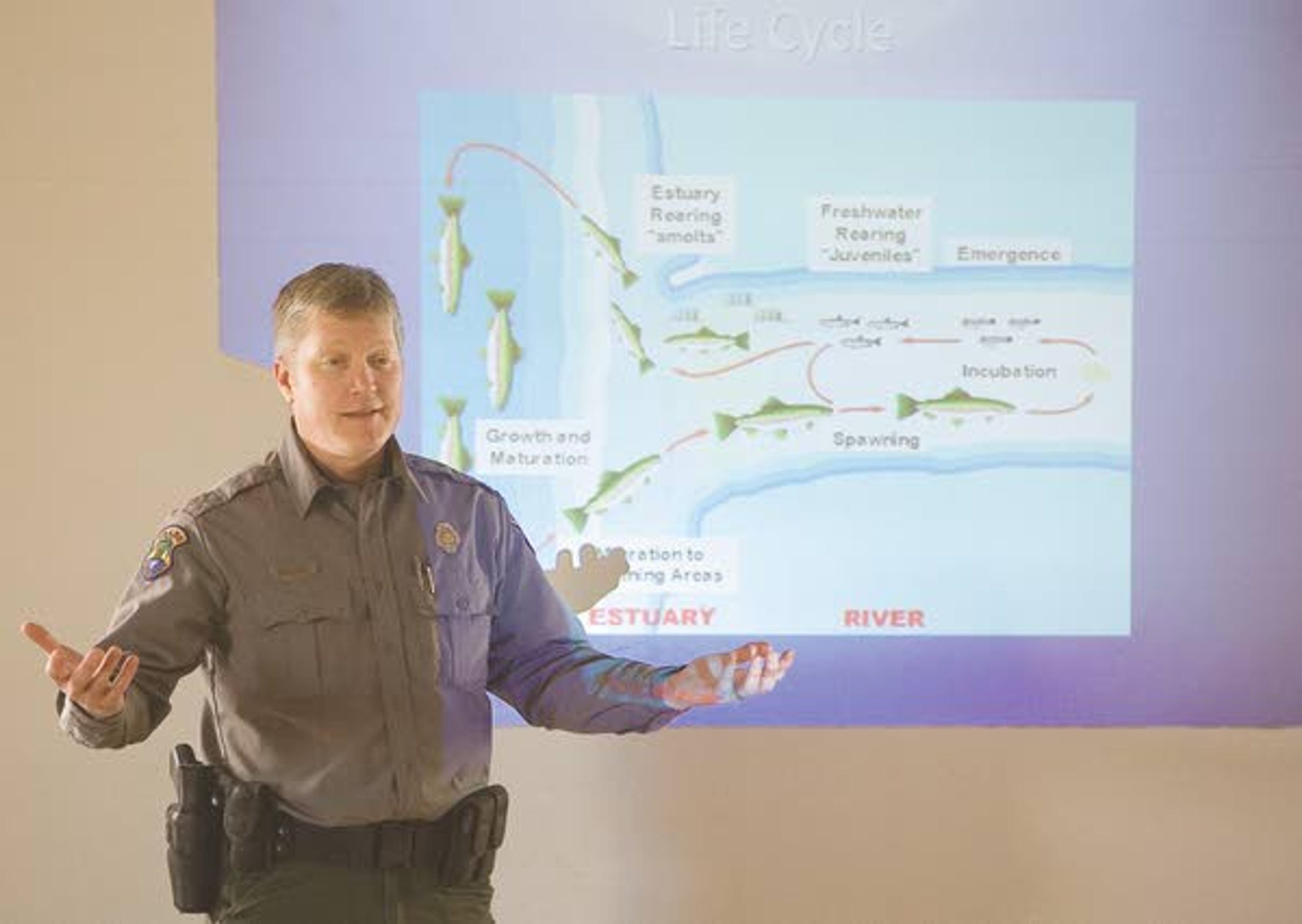 Eric Crawford, from Idaho Department of Fish and Game, talks about the steelhead life cycle during a presentation at Moscow Charter School as part of a steelhead egg hatching project at the school on Monday. Idaho Department of Fish and Game delivered one hundred steelhead eggs to MCS on Wednesday.