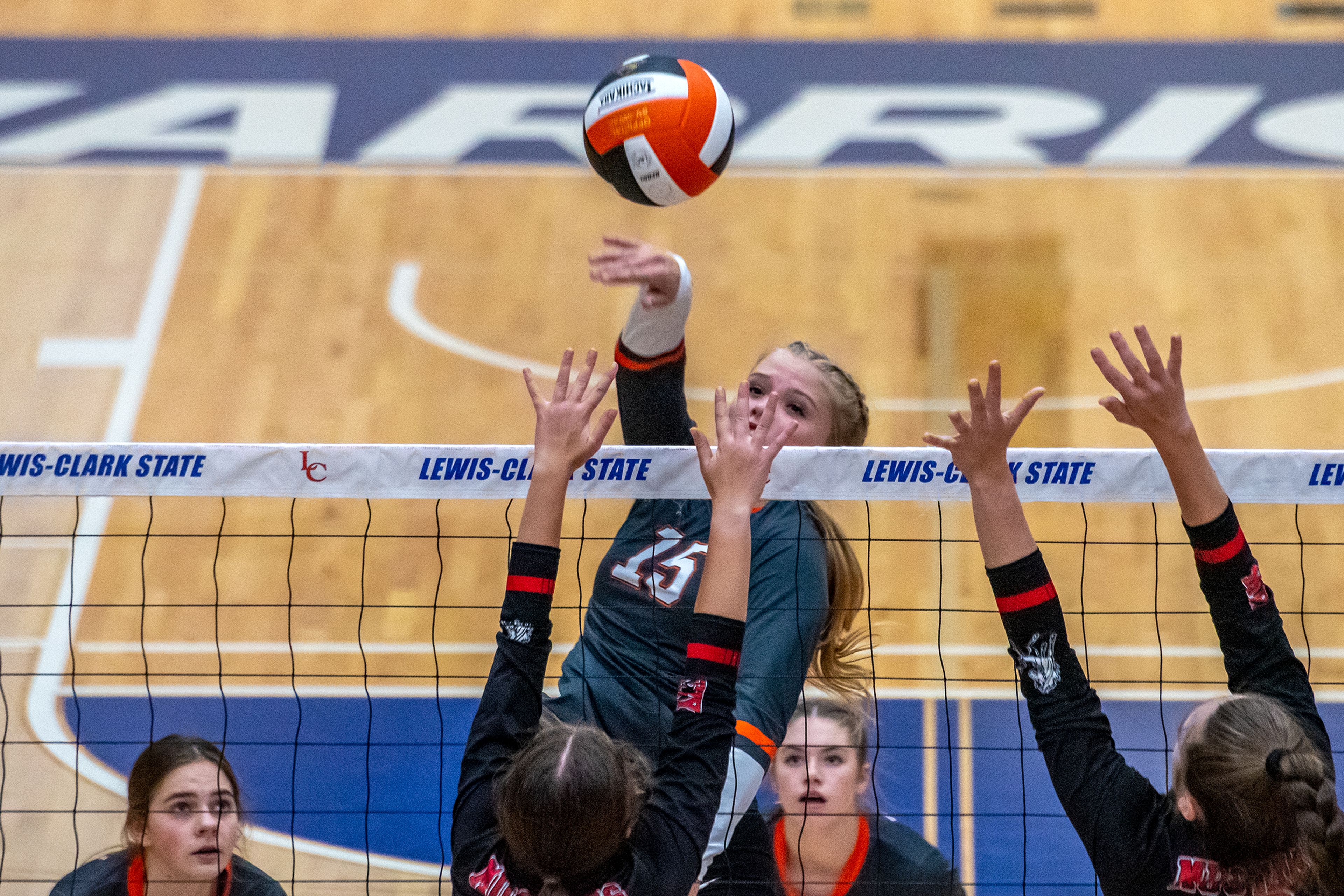 Kendrick outside hitter Rose Stewart gets vertical for a spike against Deary during the Idaho Class 1A Division II district volleyball tournament final at the P1FCU Activity Center in Lewiston on Thursday.