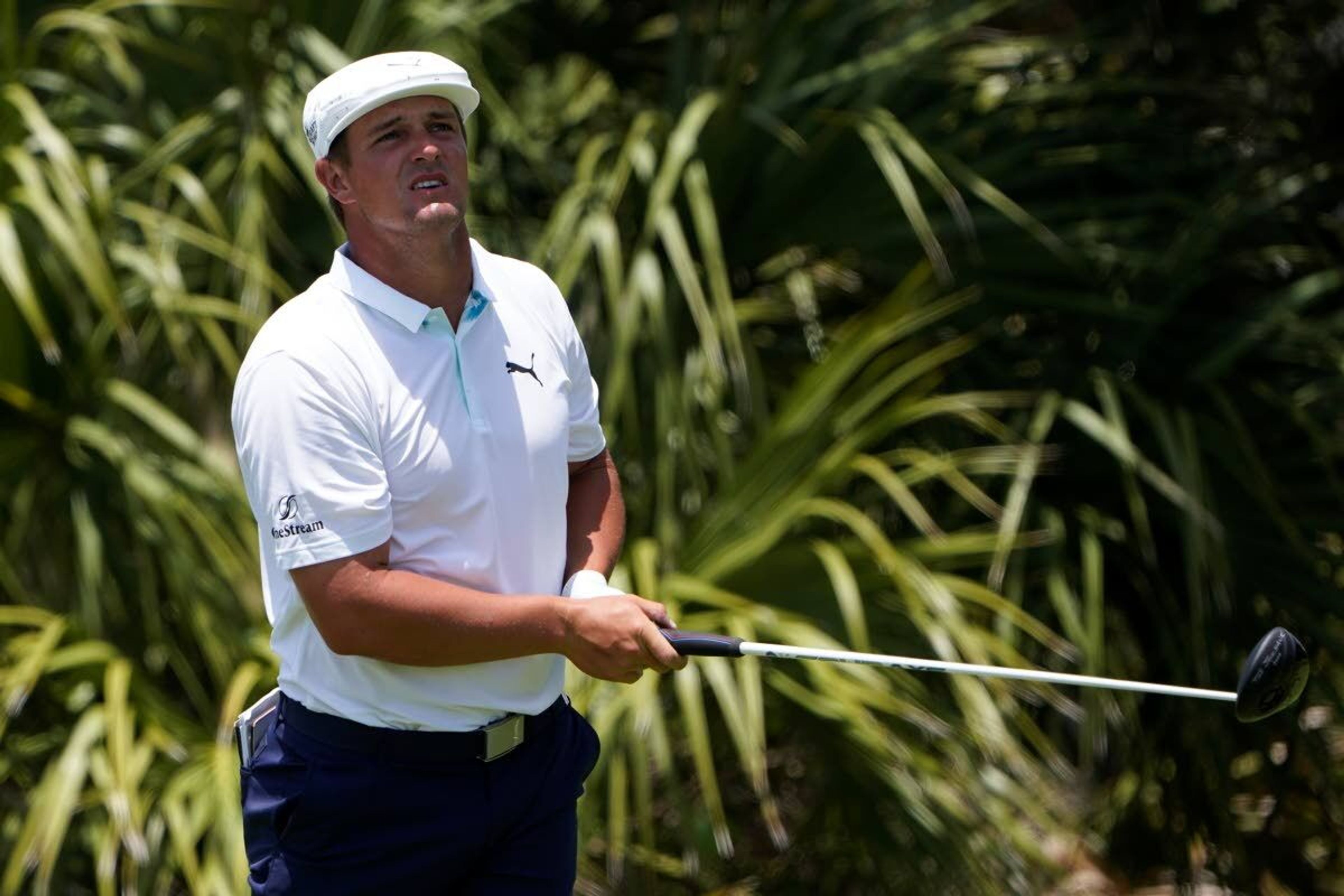 Bryson DeChambeau watches his tee shot on the second hole during the third round at the PGA Championship golf tournament on the Ocean Course, Saturday, May 22, 2021, in Kiawah Island, S.C. (AP Photo/Chris Carlson)