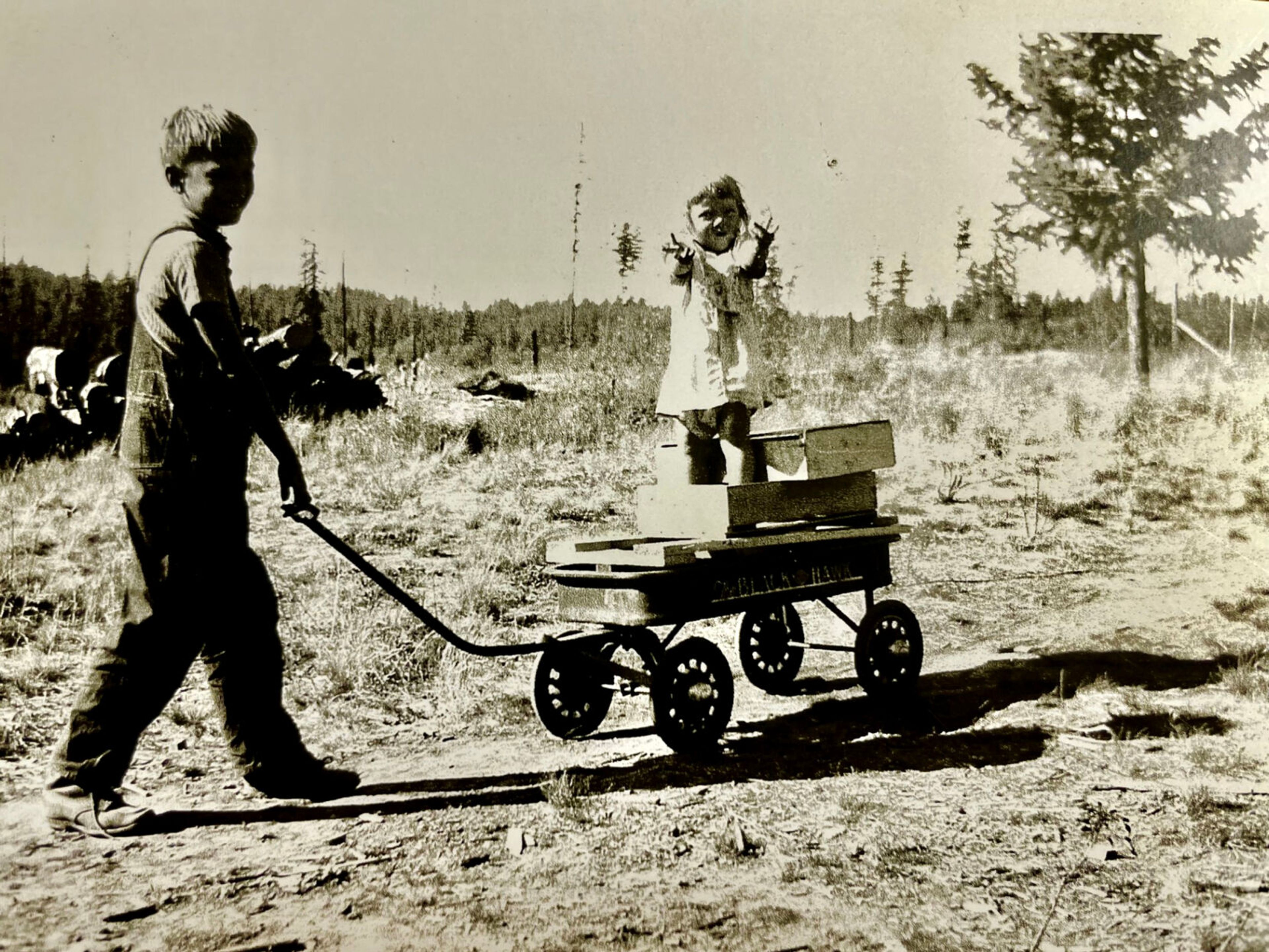 Stanley Stater is shown at play with his younger sister, Mary Bull, along Hatter Creek. (Andy Bull collection)