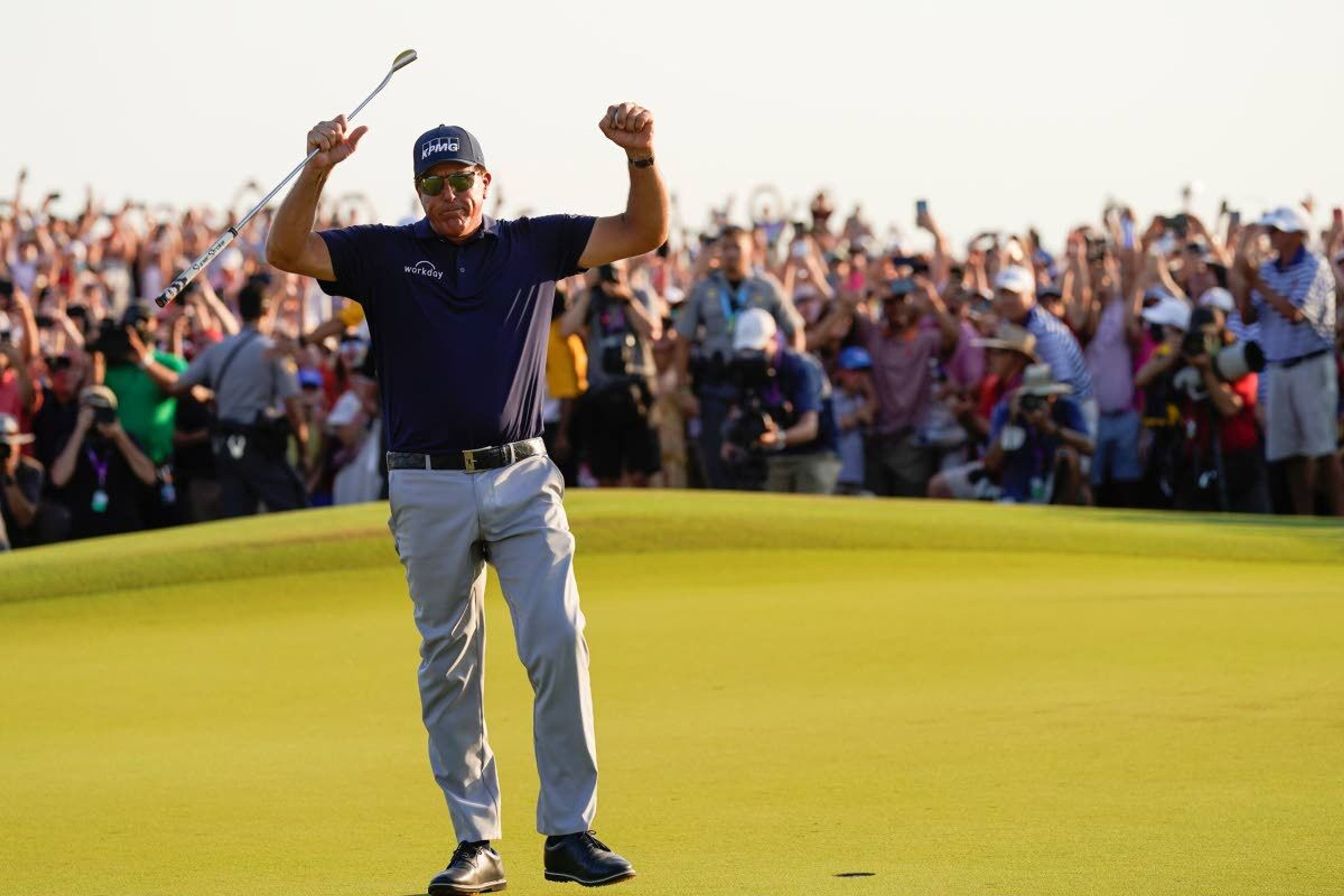 Phil Mickelson celebrates after winning the final round at the PGA Championship golf tournament on the Ocean Course, Sunday, May 23, 2021, in Kiawah Island, S.C. (AP Photo/David J. Phillip)