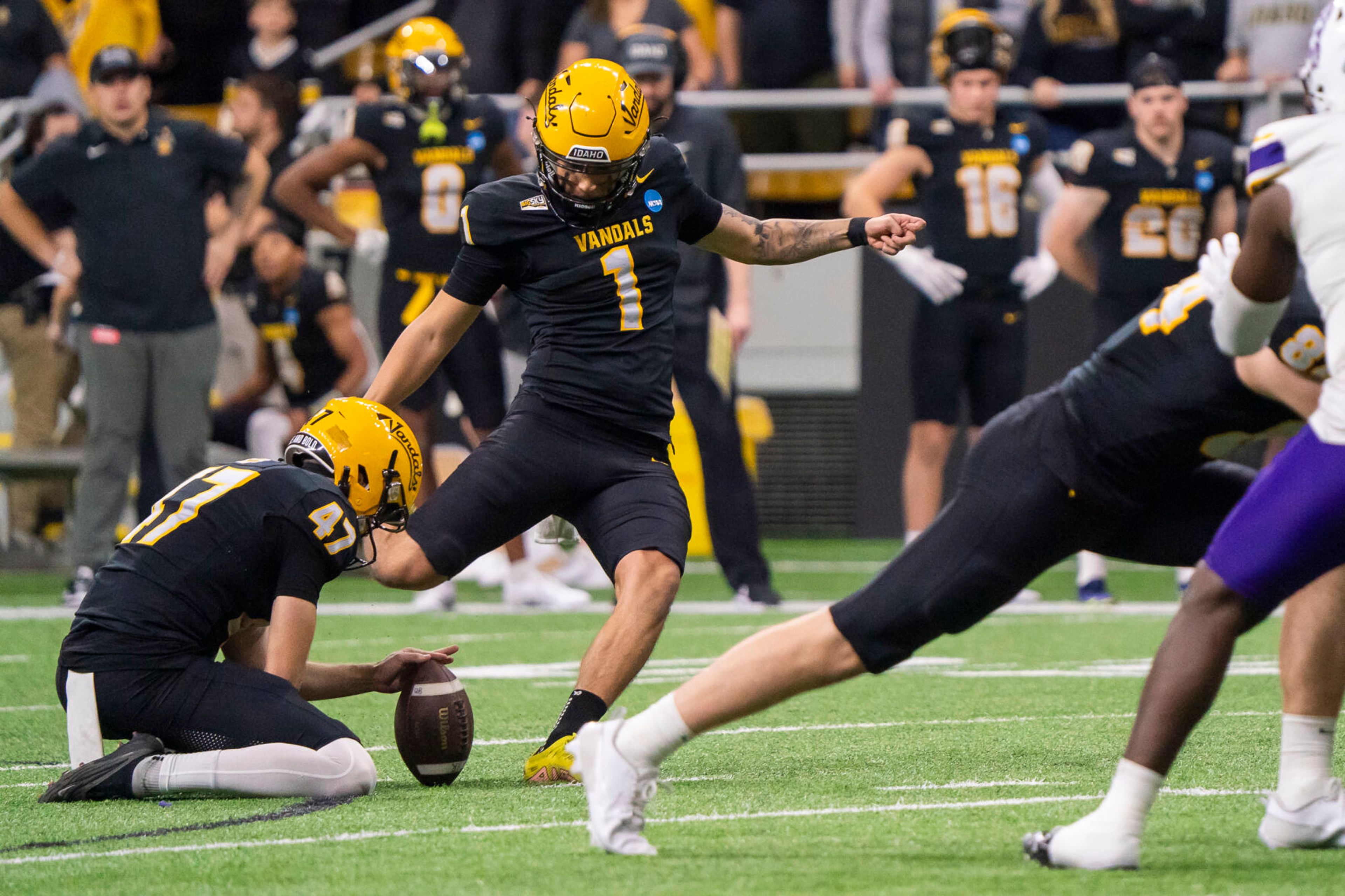 Vandals kicker Ricardo Chavez (1) attempts a field goal during a game against Albany in the FCS playoff quarterfinals Dec. 9 at the P1FCU Kibbie Dome in Moscow.