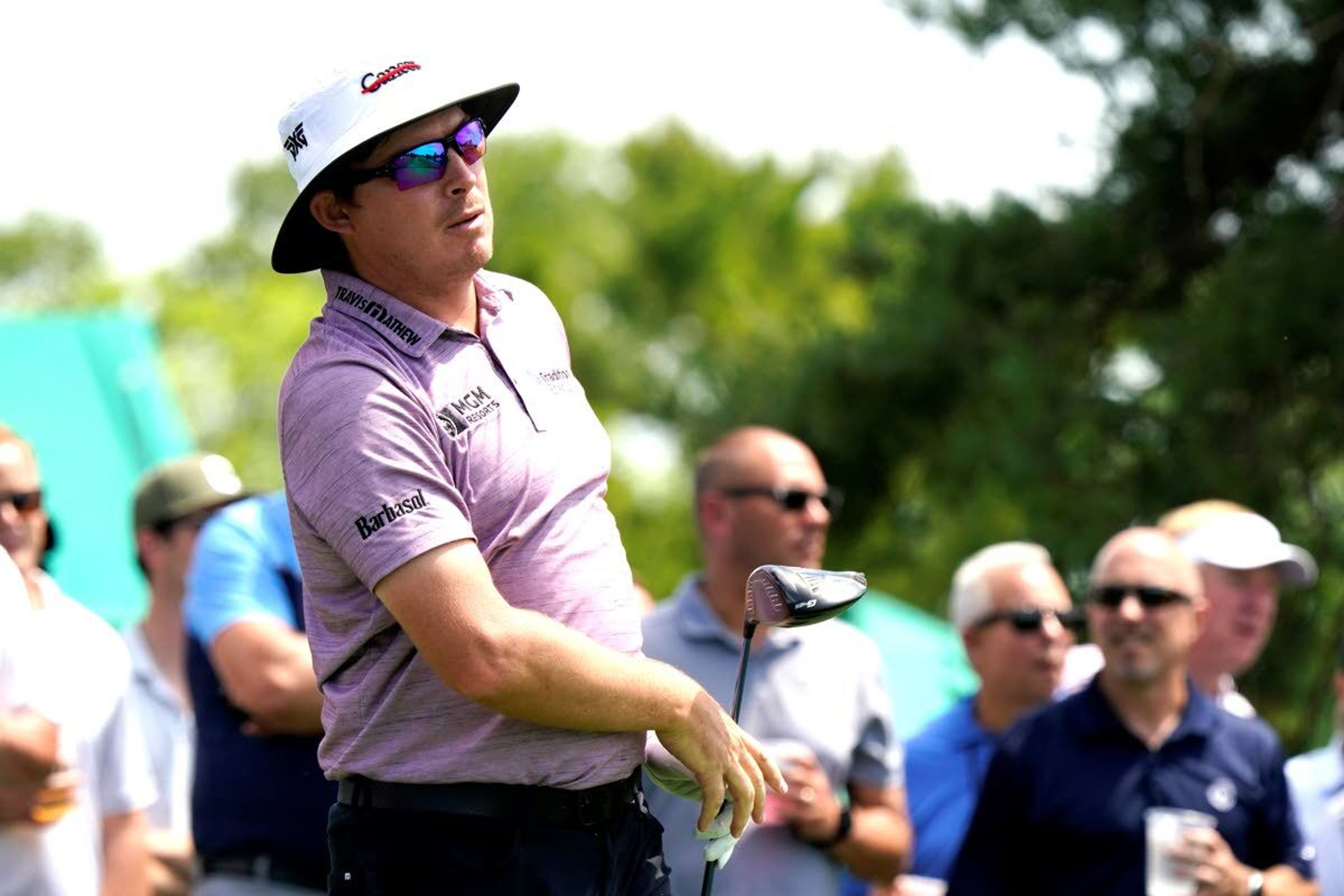 Joel Dahmen watches his tee shot on the 11th hole during the second round of the Memorial golf tournament, Friday, June 4, 2021, in Dublin, Ohio. (AP Photo/Darron Cummings)